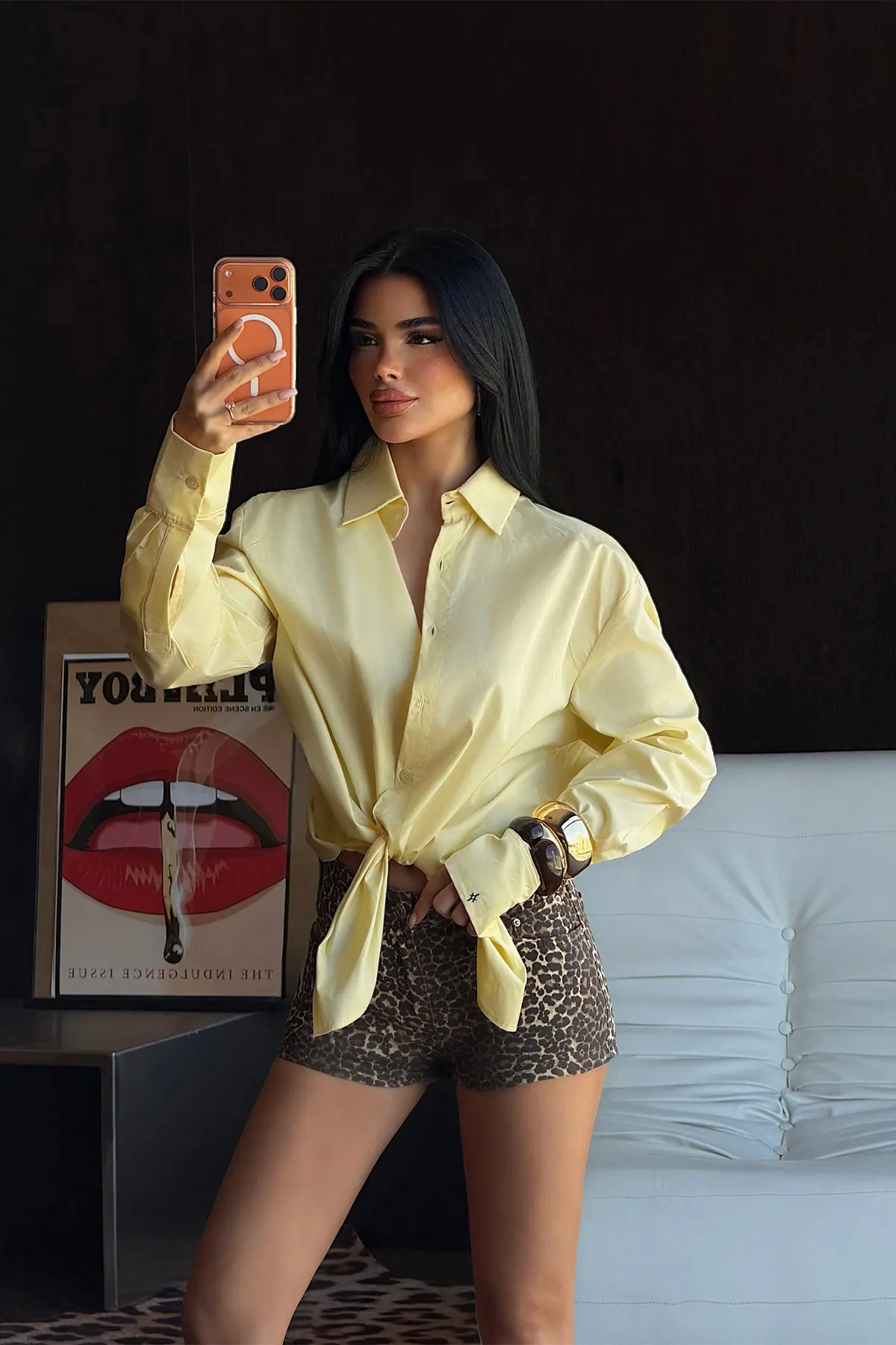 Sarı Oversized Gündelik Gömlek Çentikli Yaka İle