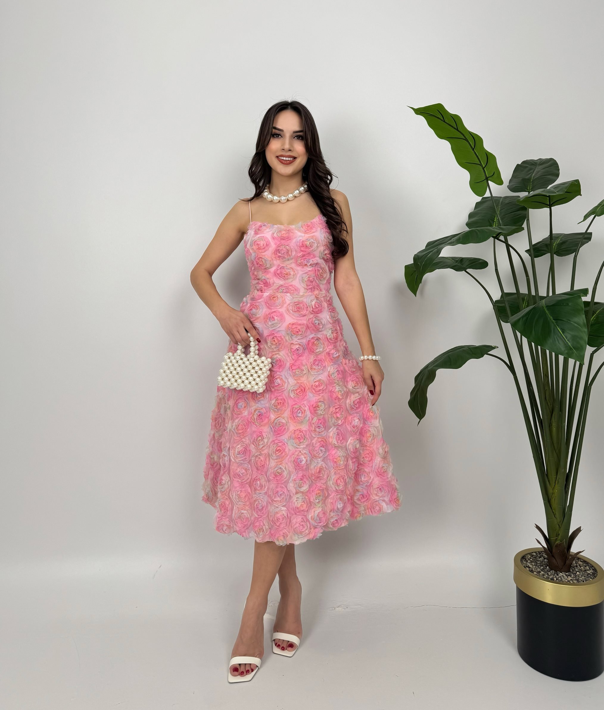 Pembe Fit & Flare Kare Yaka Midi Elbise  Japone Kollu