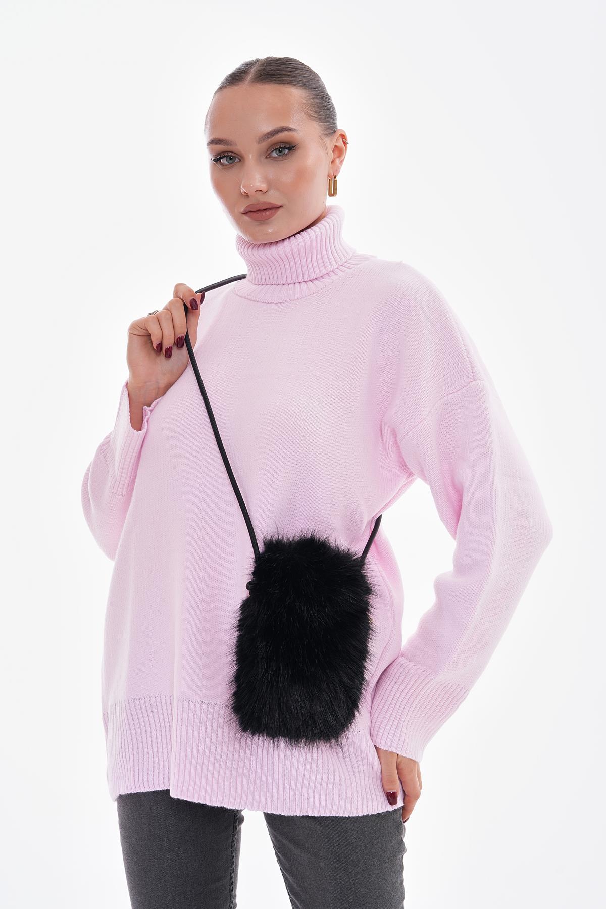 İçi Kadife Astarlı  Mini Peluş Çanta - Siyah