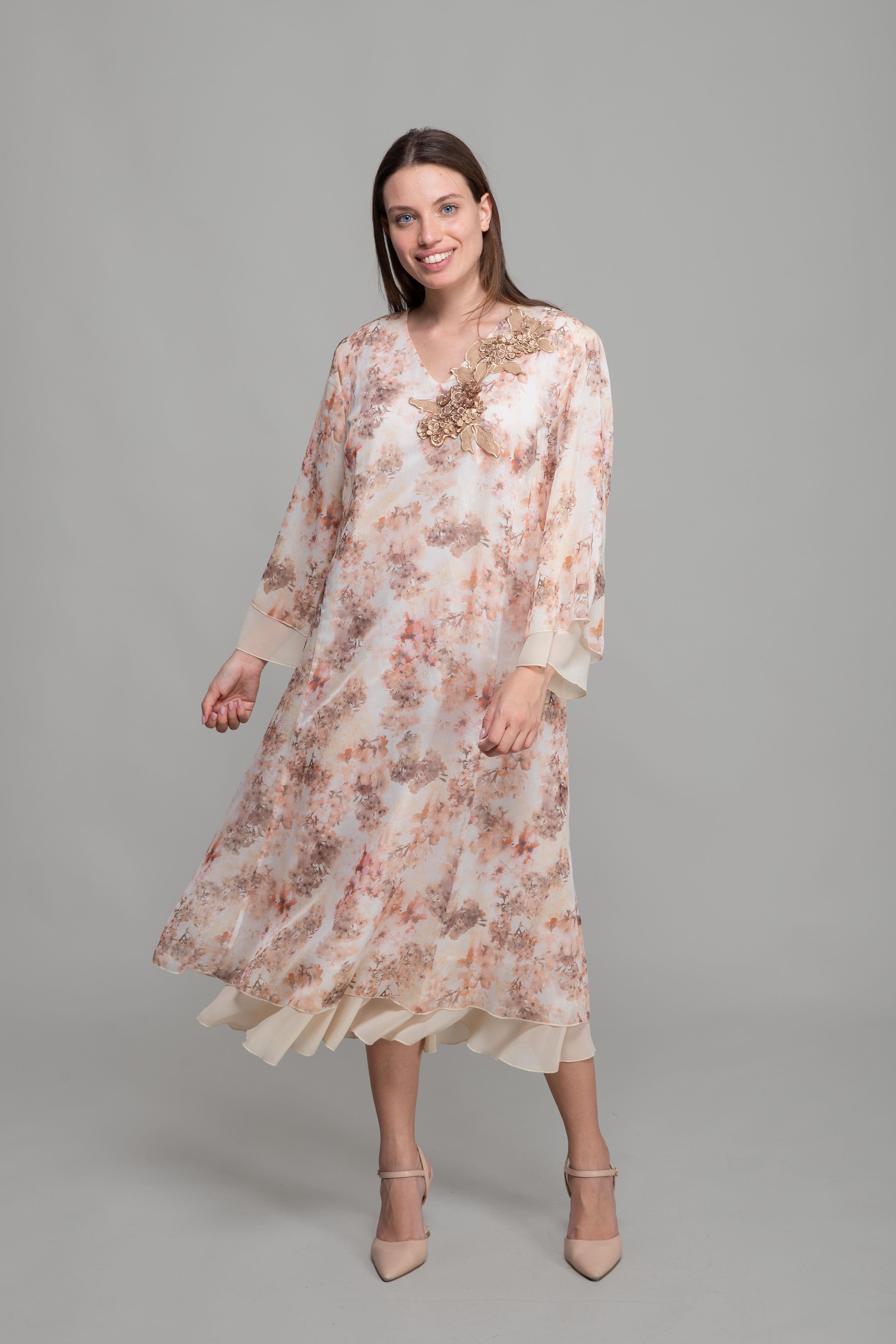 V Yaka Silk Line Elegant Elbise - Çok Renkli