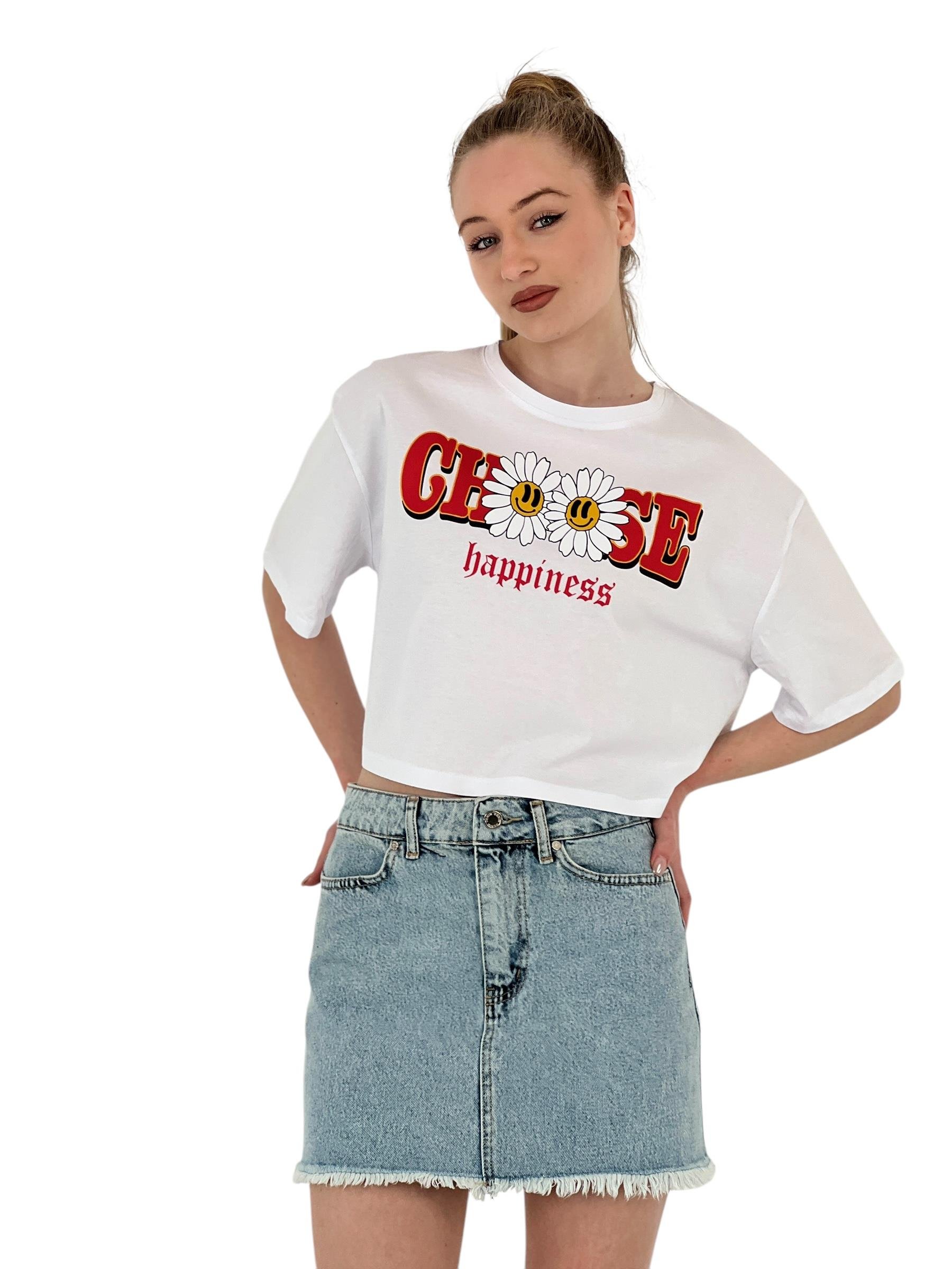 Oversize Çiçek Baskı Kısa Beyaz Crop Tişört