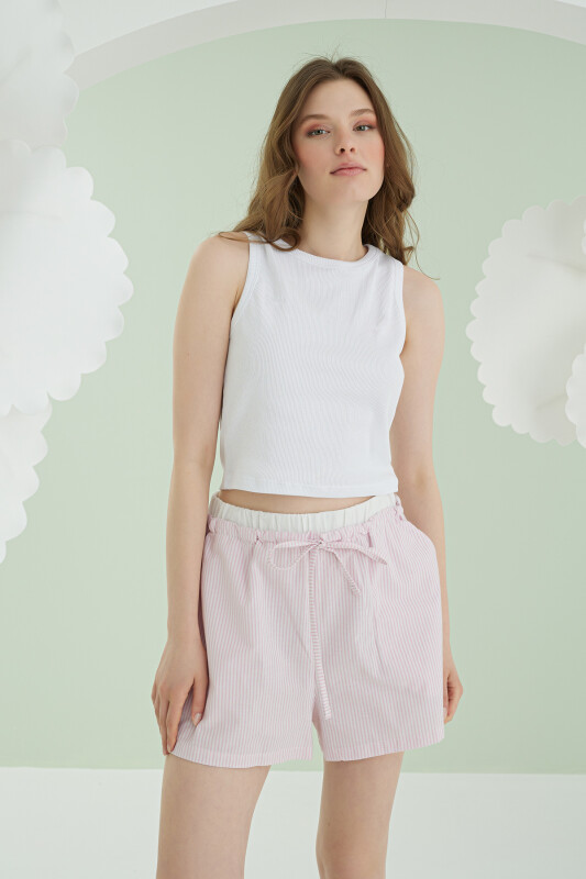 Pembe Kurdele Crop Şort Takım