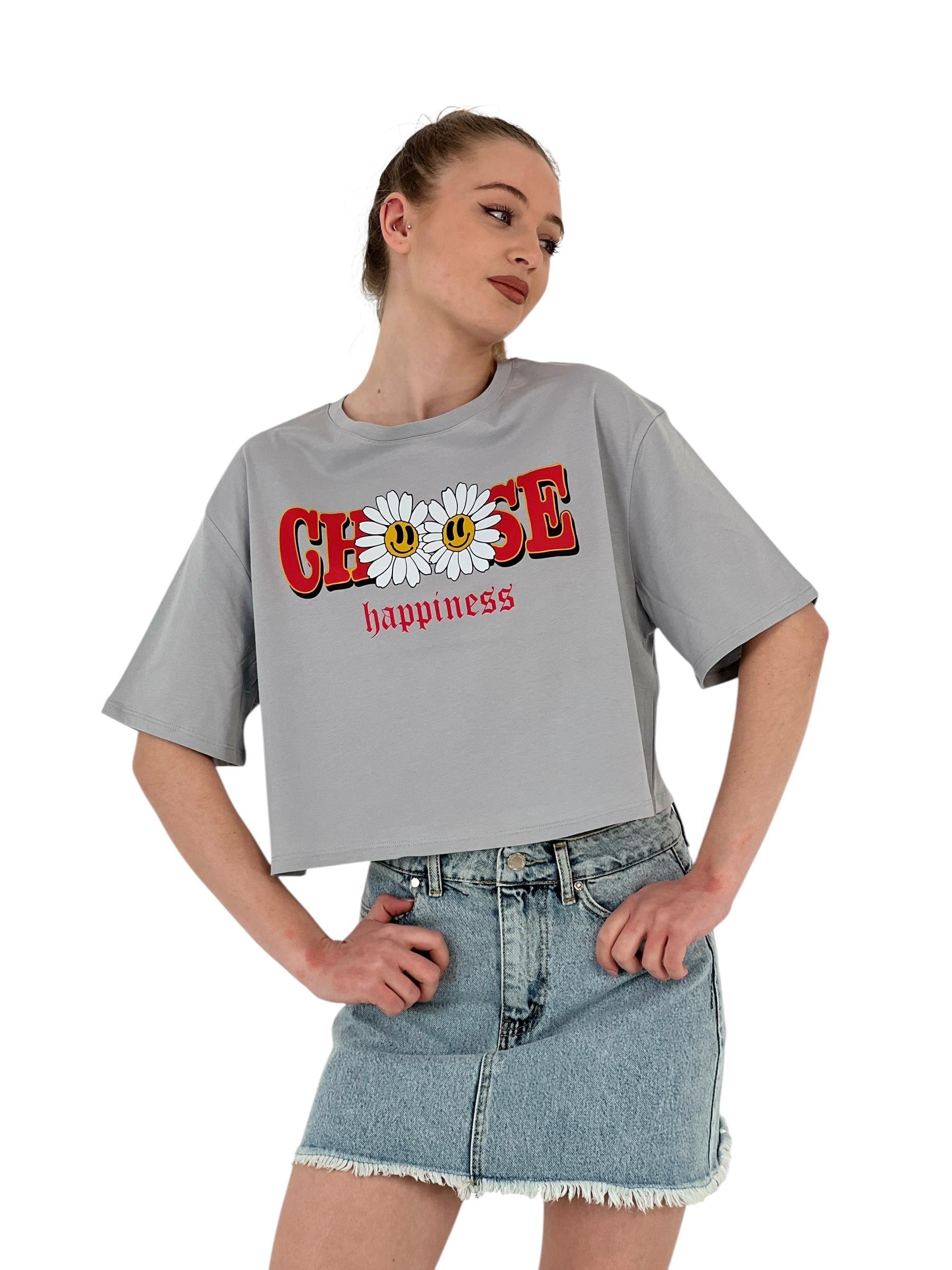 Oversize Çiçek Baskı Kısa Beyaz Crop Tişört