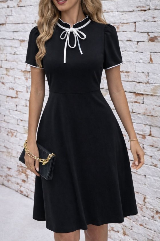 Siyah Fit & Flare Elbise Çentikli Yaka İle
