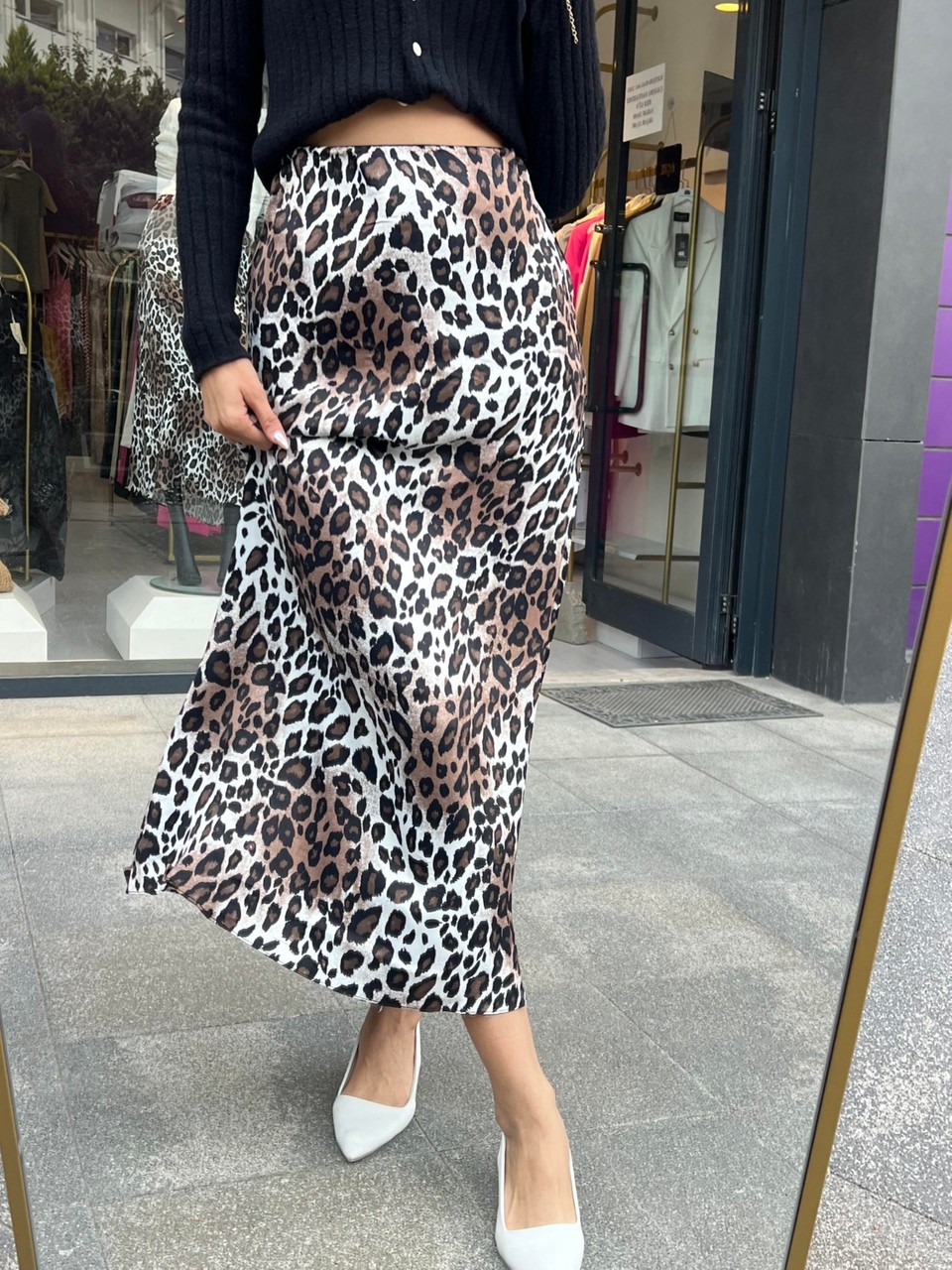 Leopar Desen Floş Saten Etek