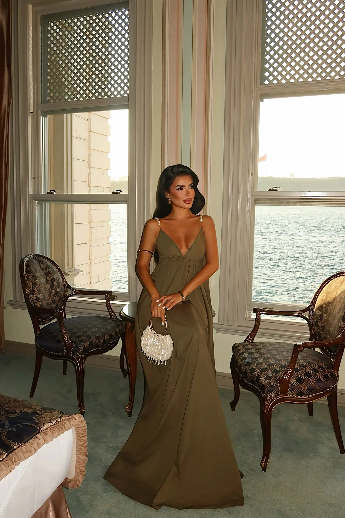 Seksi Haki A Kesim Yer Hizasında Elbise Zarif