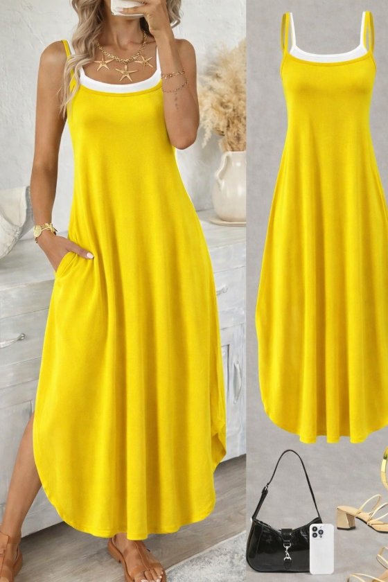 Sarı Gündelik Boho Midi Slip Elbise Kare Yaka İle