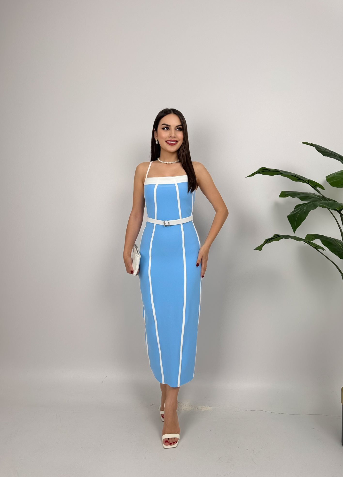 Mavi Çizgili Bodycon Midi Elbise