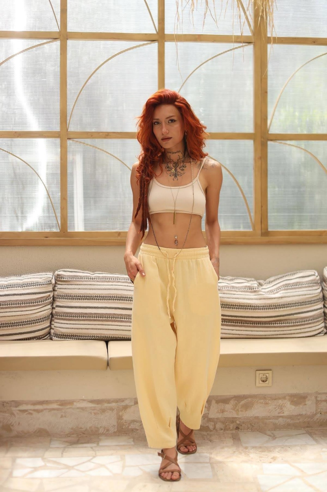 Sarı Boho Balon Kesim Paraşüt Pantolon