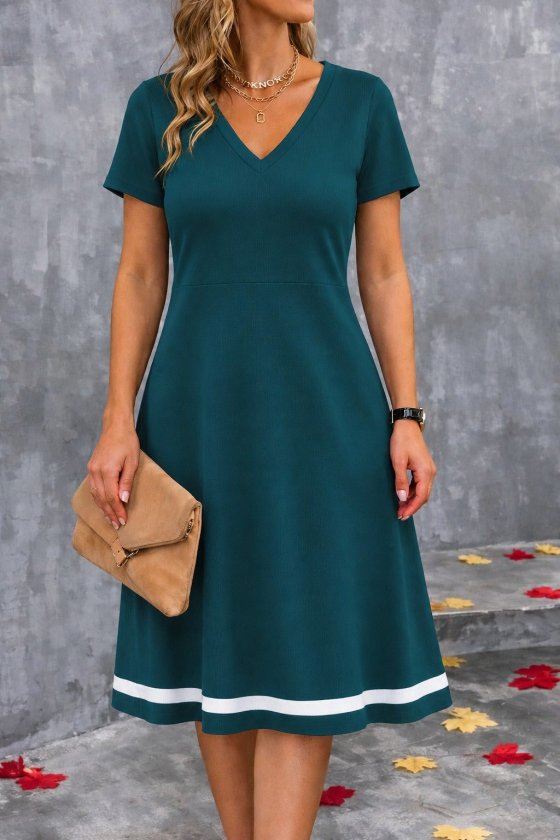 Lacivert Fit & Flare Elbise V Yakalı