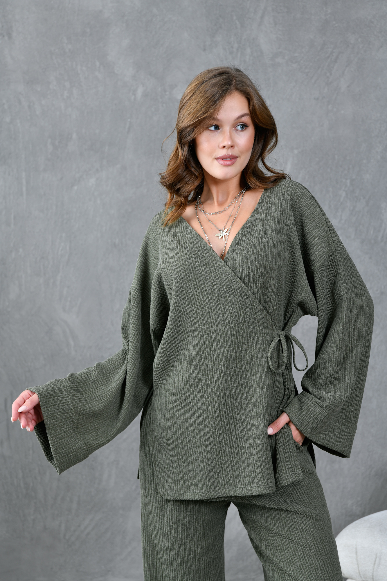 Haki Krinkıl Kumaş Kimono 28174