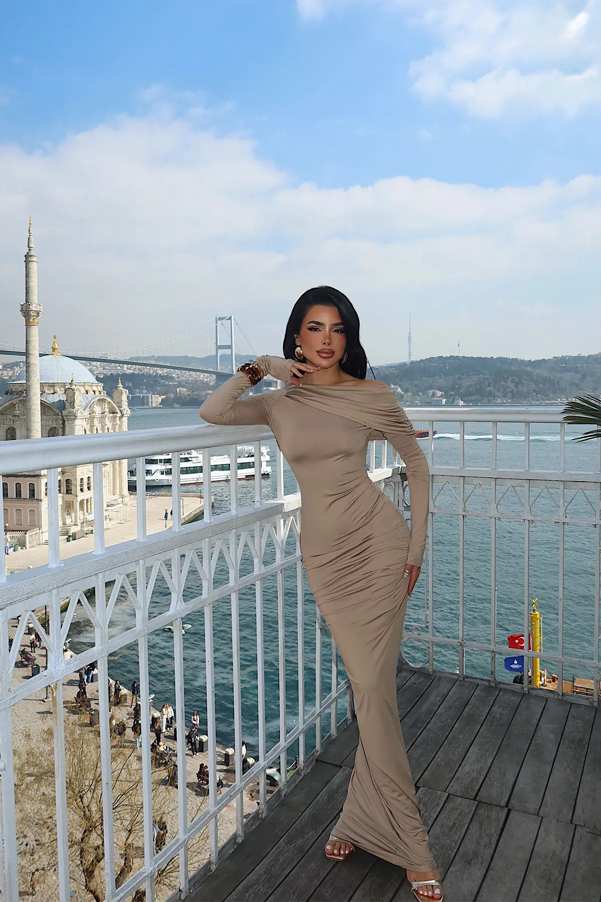 Bej Seksi Zarif Resmi Işıltılı Bodycon Elbise