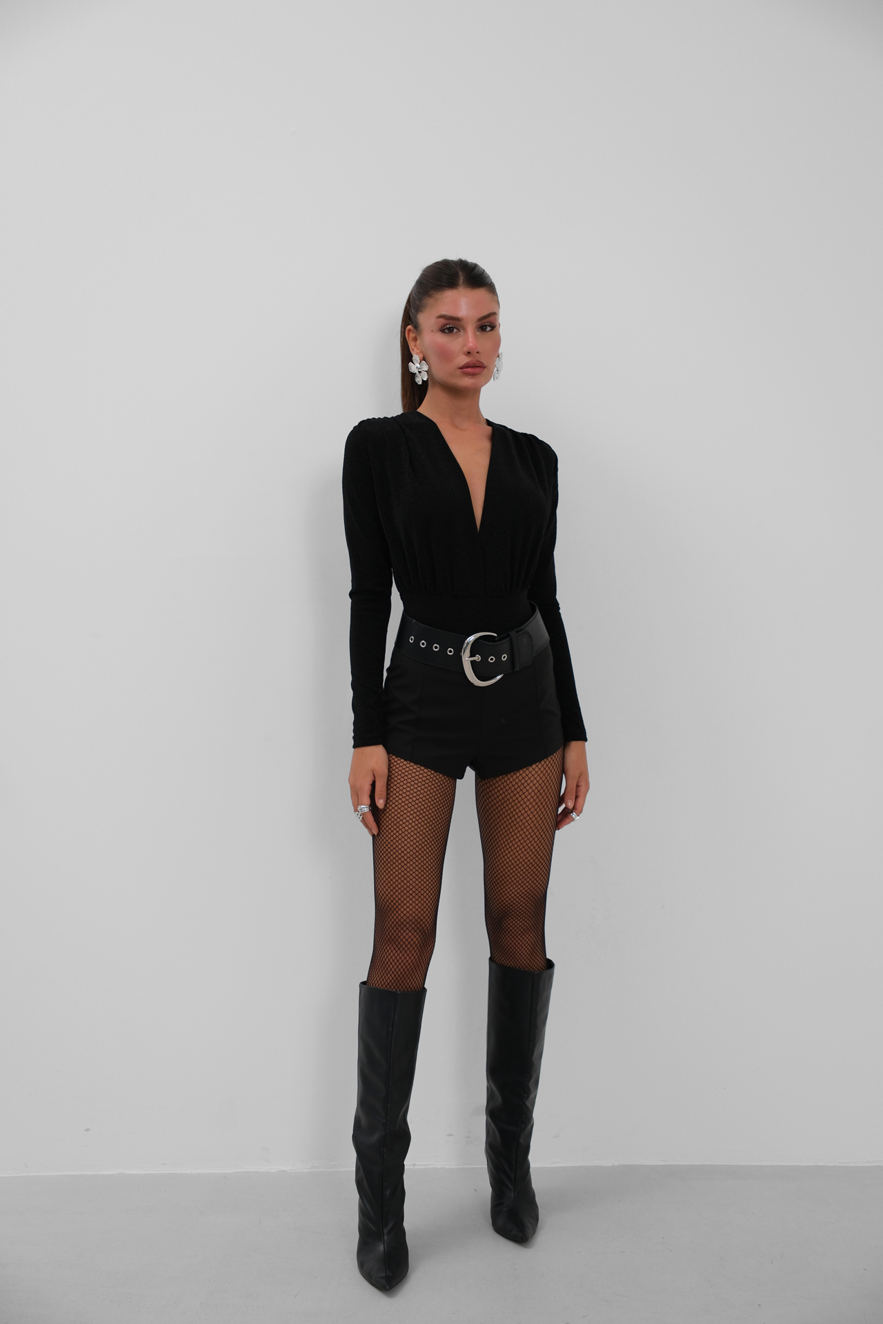 Göğüs Dekolte Simli Bodysuit - Siyah