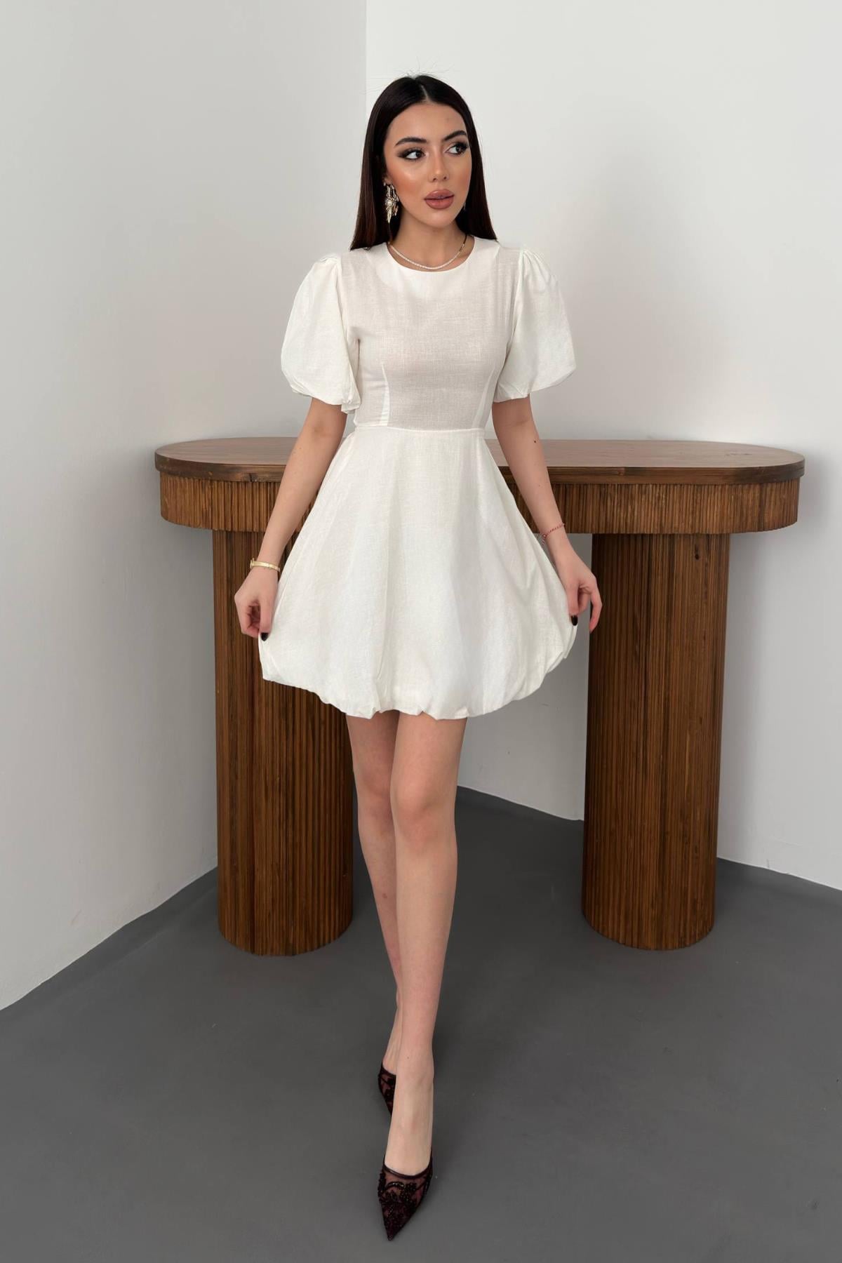 Beyaz Sevimli Zarif Fit & Flare Mini Elbise