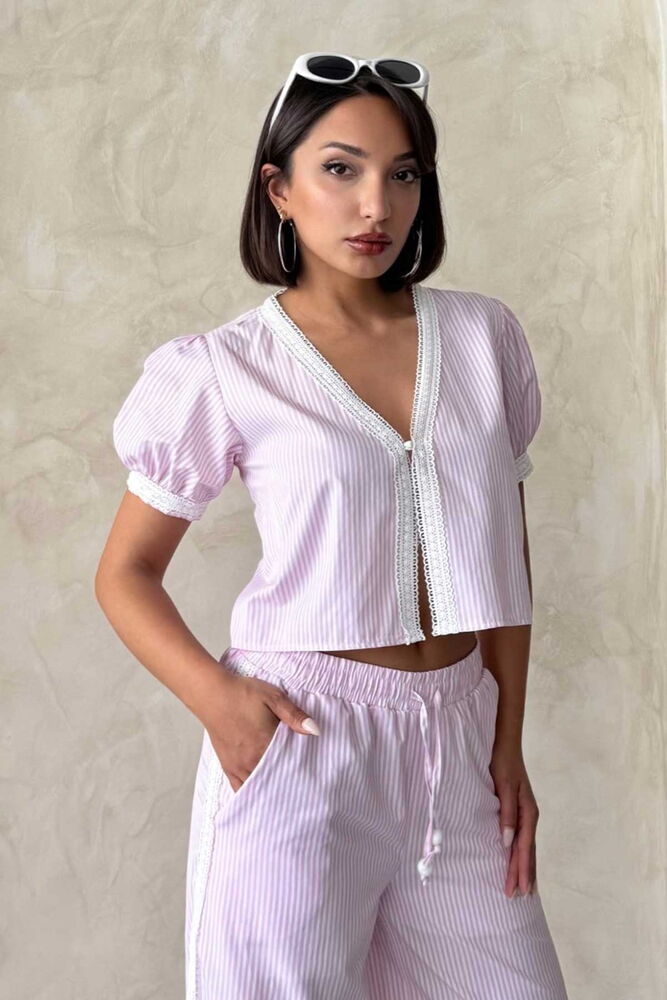 Güpür Detaylı Çizğili Bluz - Pembe