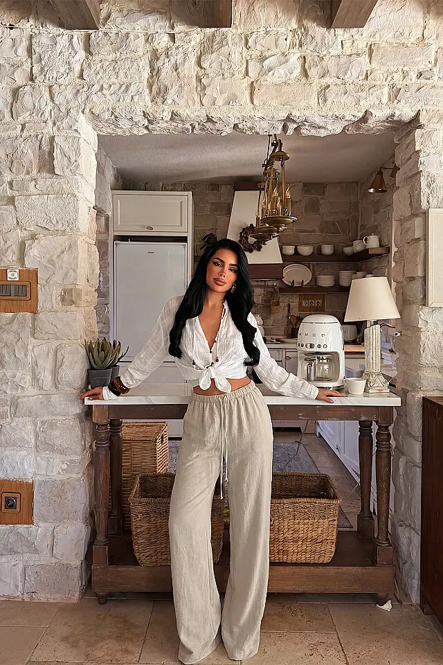 Bej Palazzo Pantolon Geniş Paça Ve İp Büzgülü