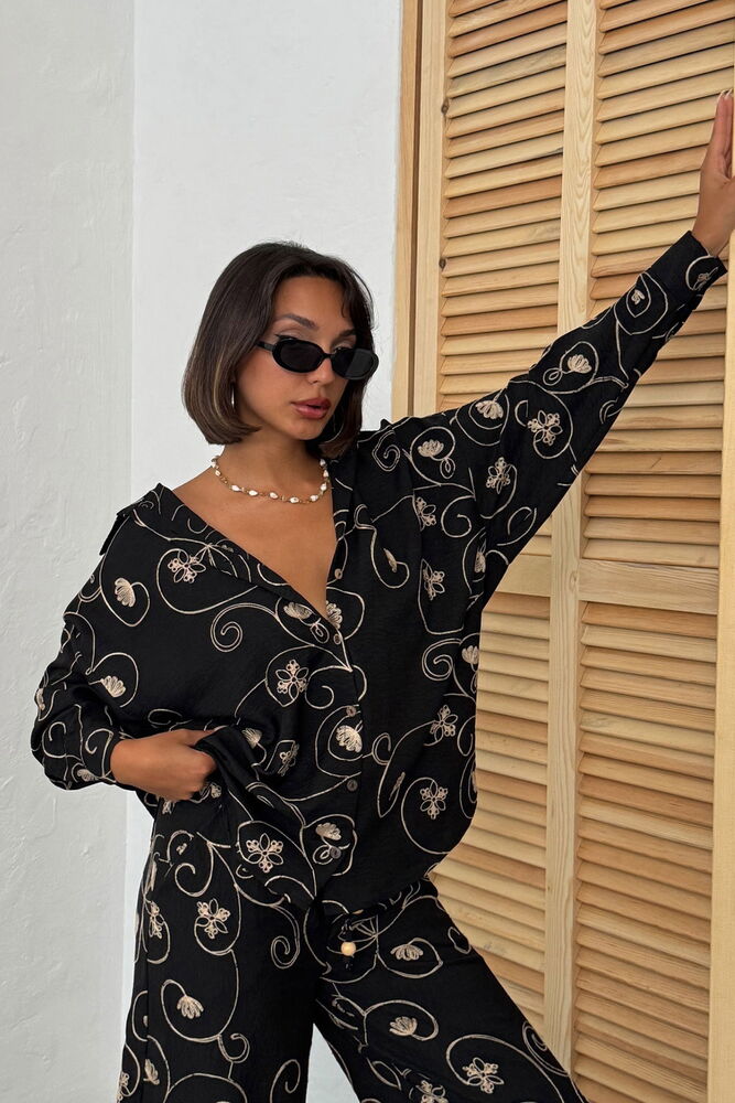 Siyah Çiçekli Oversized Gömlek