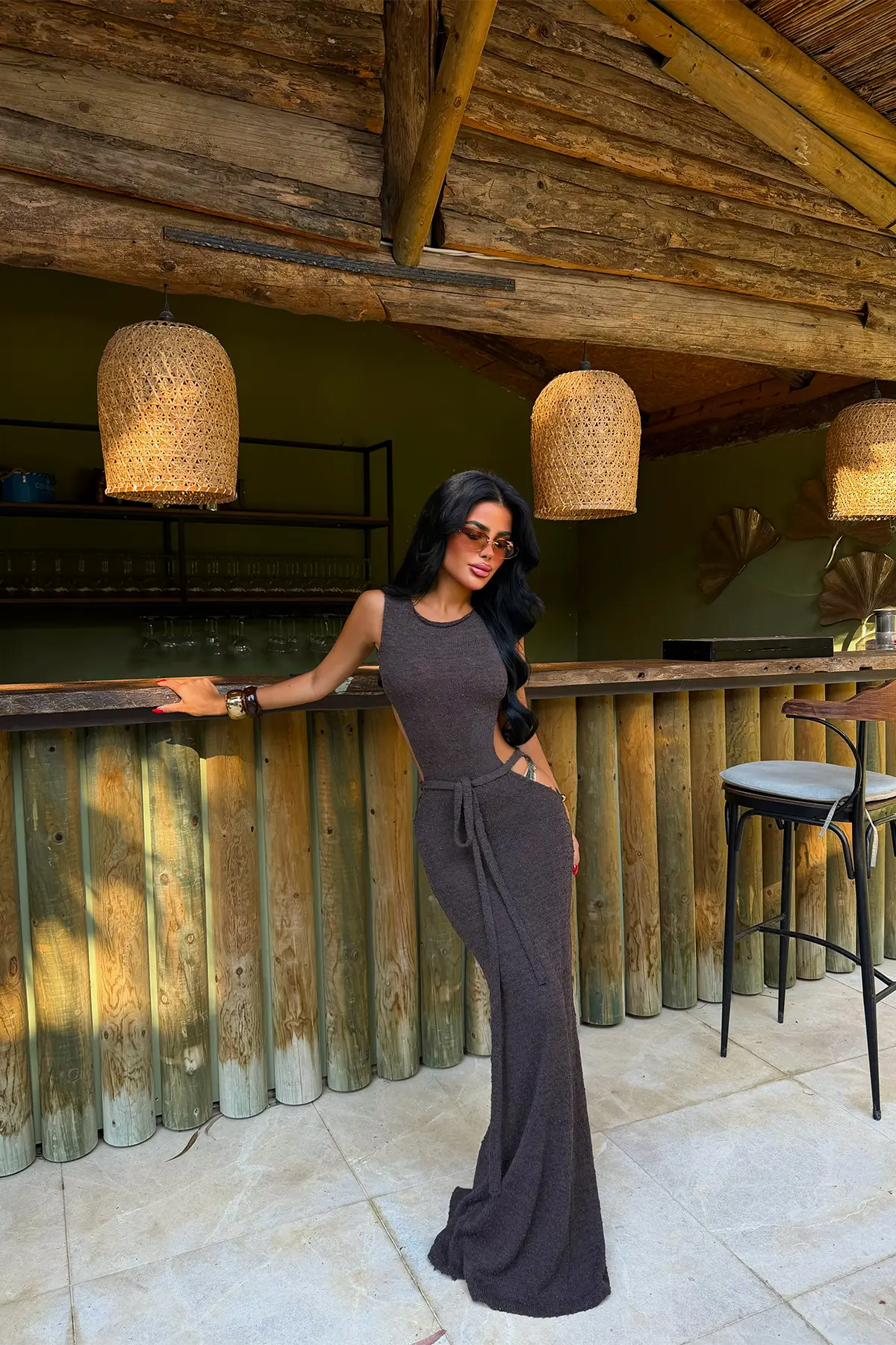Kahverengi Bodycon Elbise Ve Kap Kol
