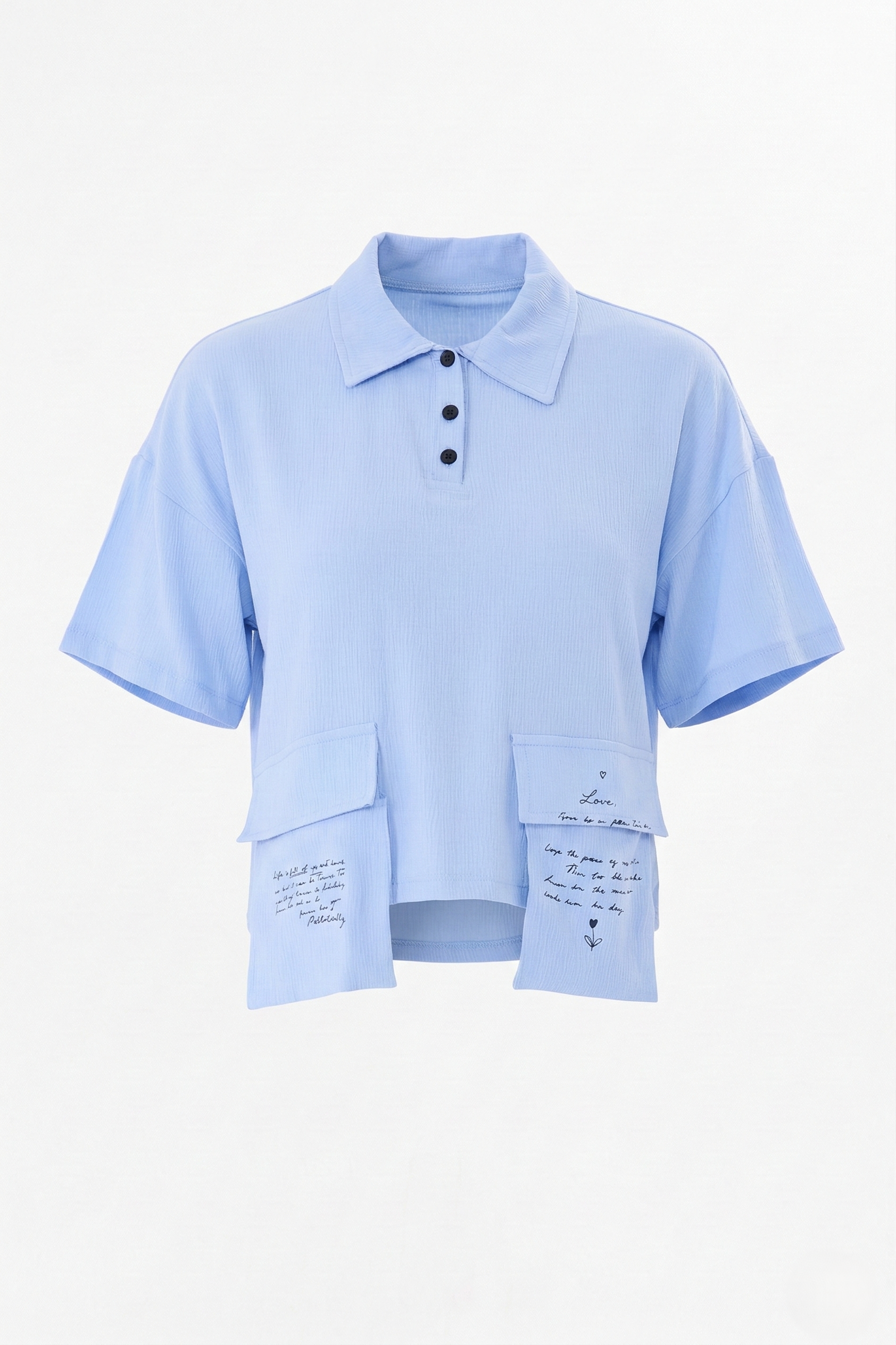 Mavi Gömlek Günlük Yazı Baskılı Crop Polo Yaka