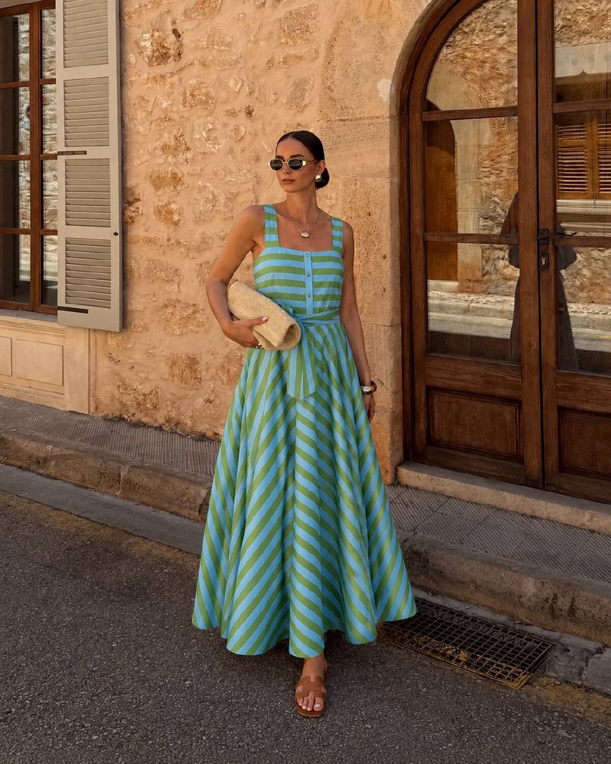 Mavi Fit And Flare Maxi Elbise Çizgili Desenli