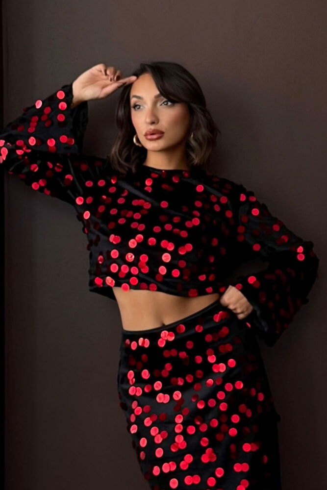 Siyah Puantiyeli Crop Bluz Çan Kol Kollu