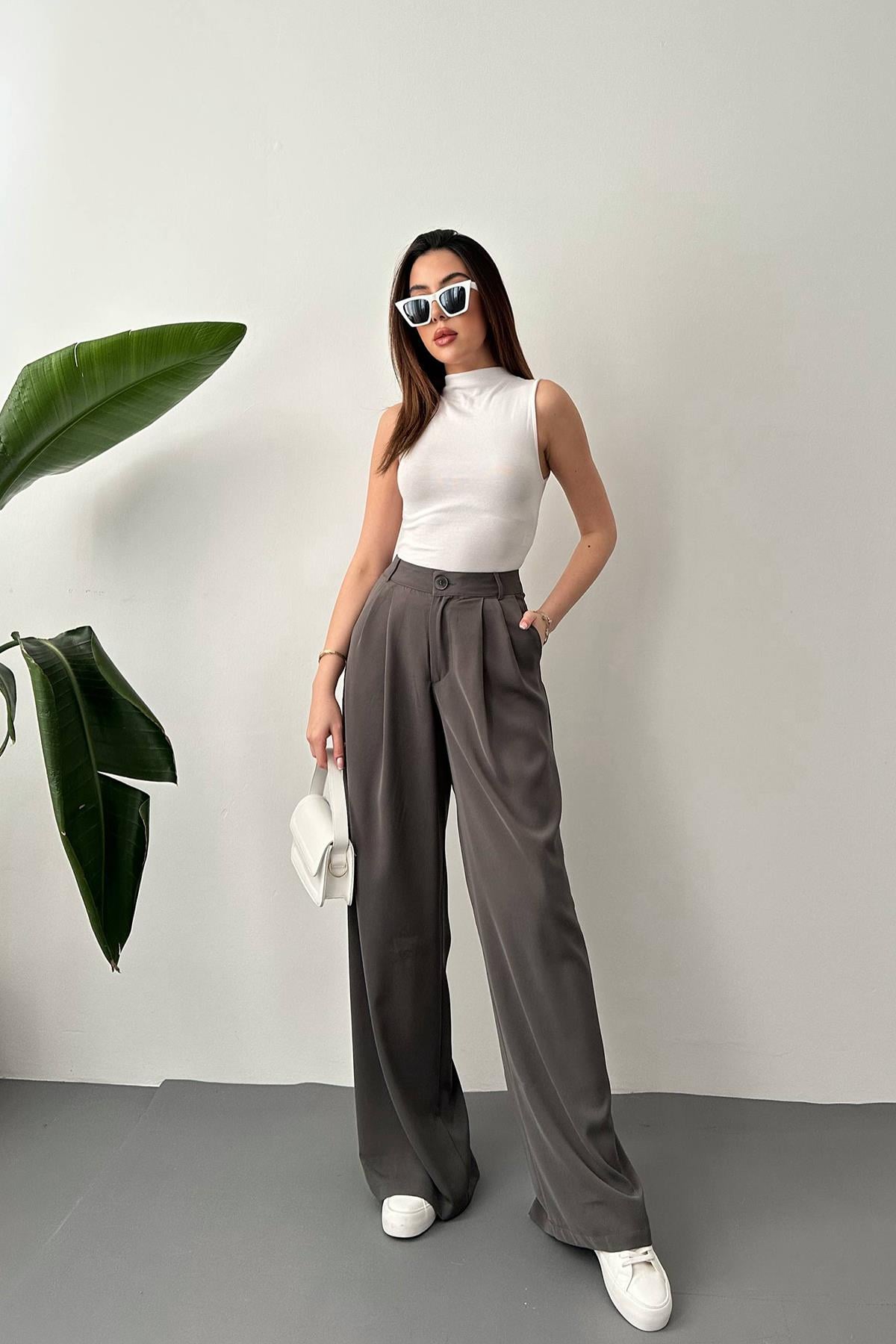 Pileli Comfort Pantolon - Füme