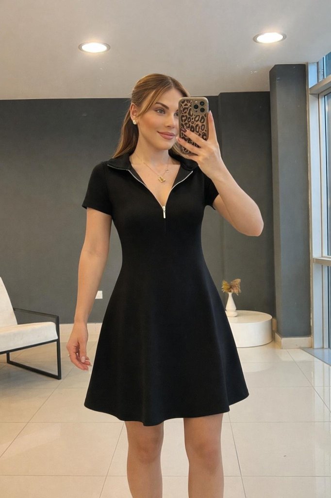 Siyah Fit & Flare Mini Elbise Polo Yakalı
