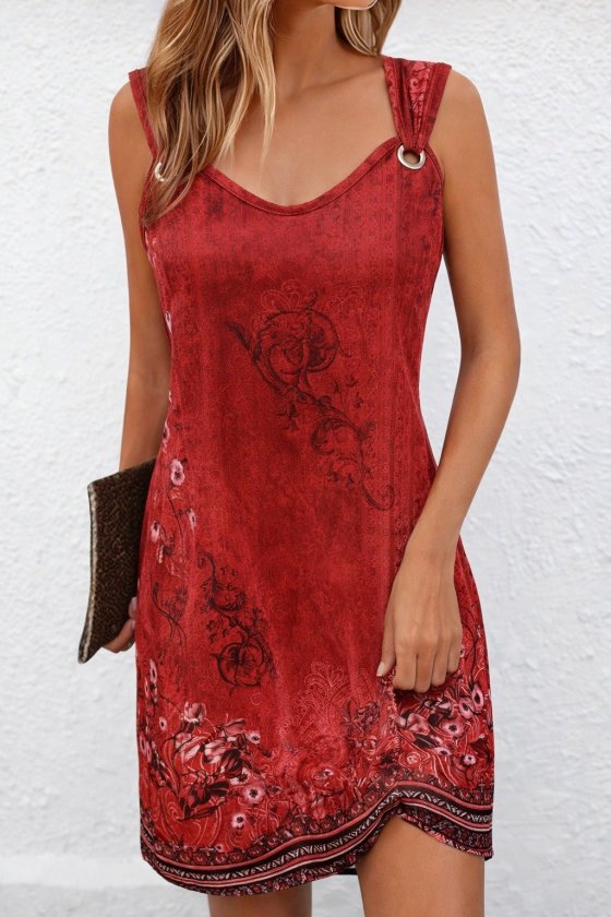 Kırmızı Kolsuz Mini Slip Elbise V Yaka Ve Japone Kollar