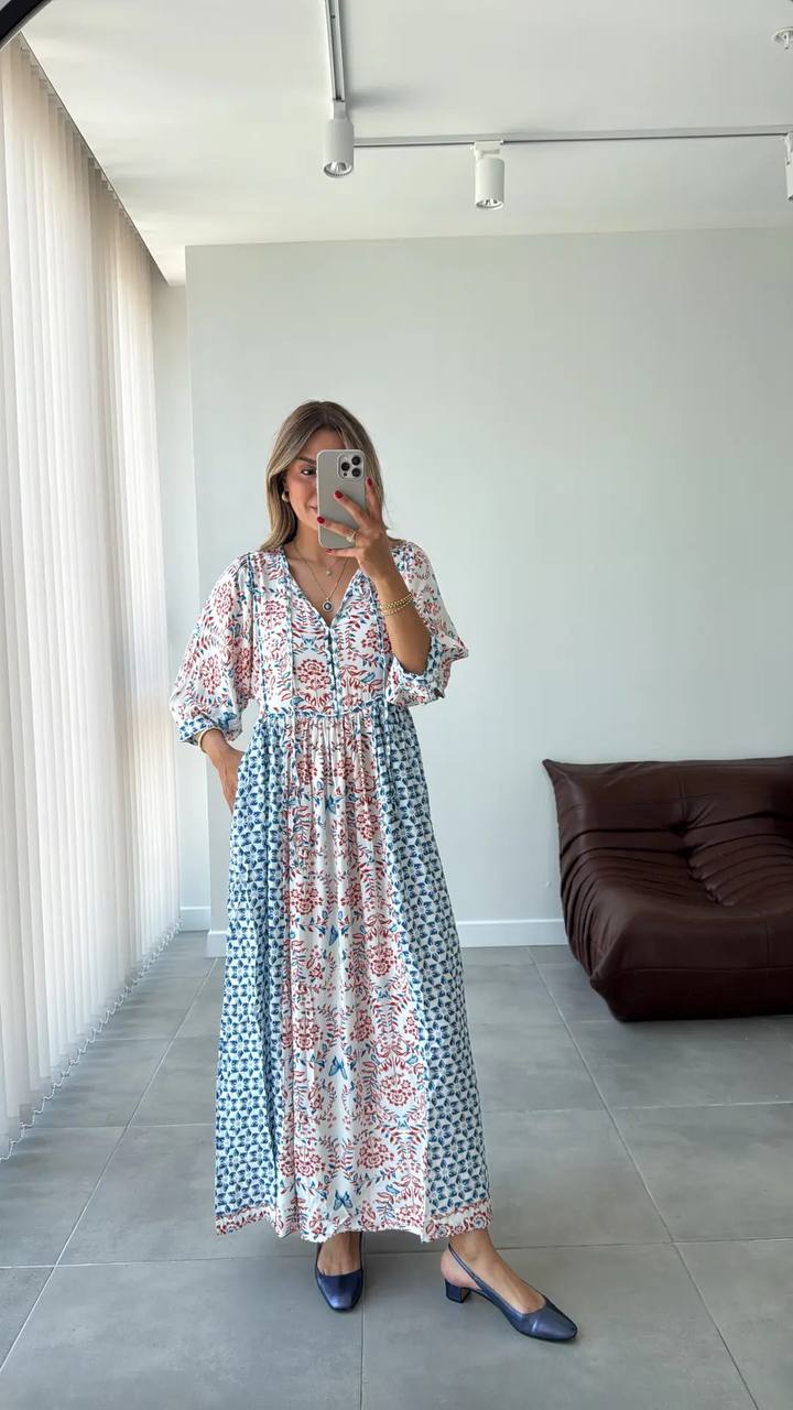 Mavi Boho Smock Elbise V Yaka Ve Çiçek Deseni İle