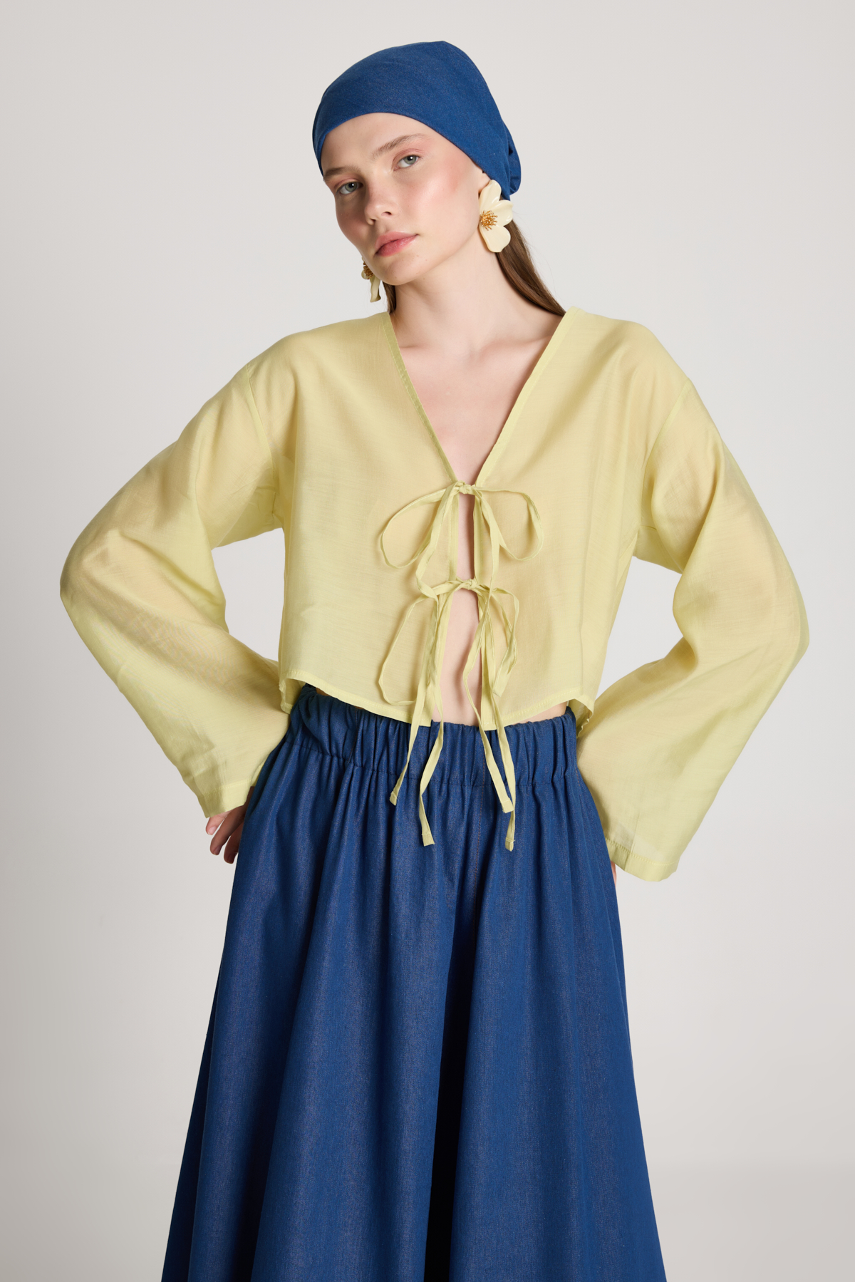Sarı Kimono Etnik Boho Zarif Uzun Kol Bağlamalı