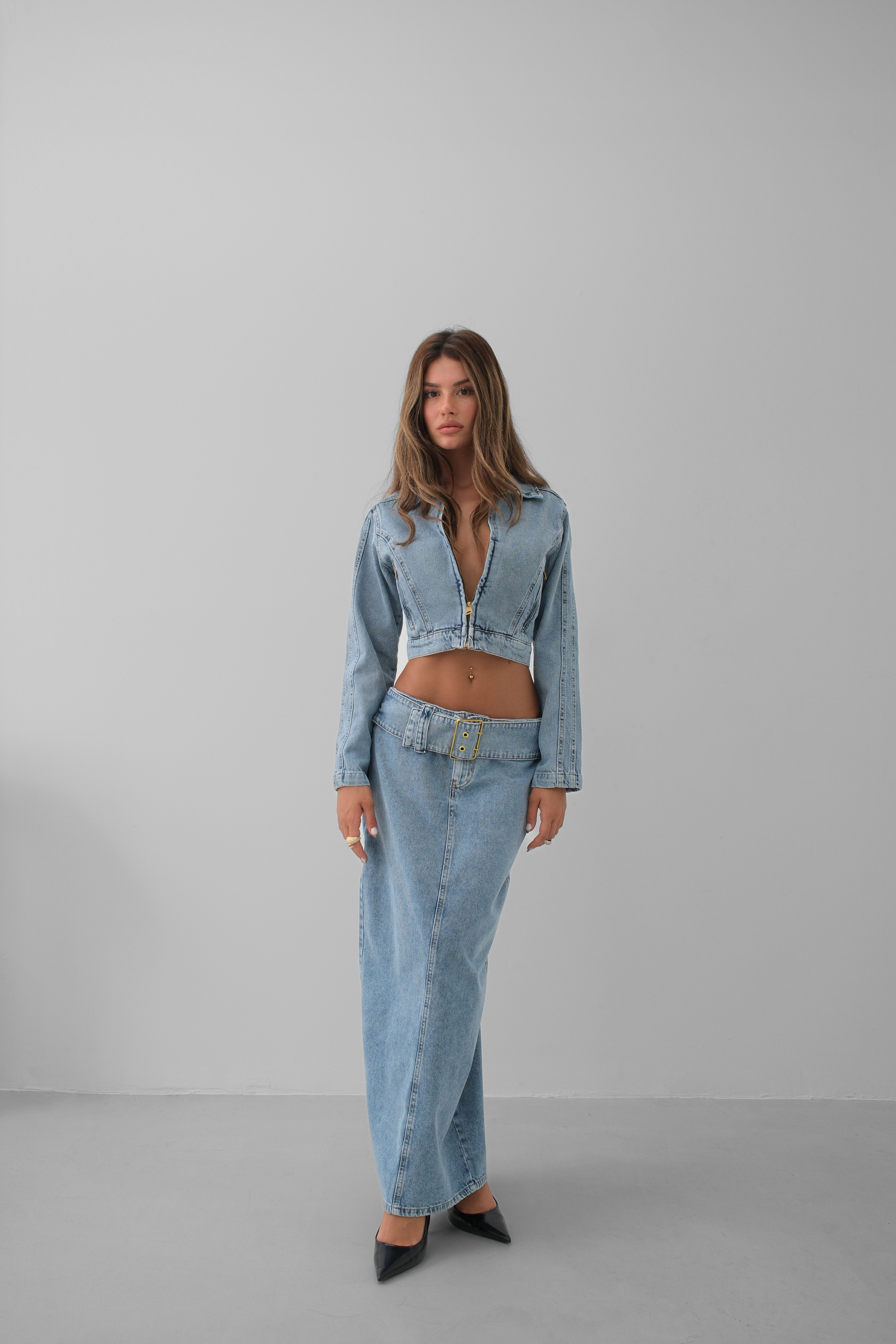 Kemer Detay Maxi Denim Etek - Açık Mavi