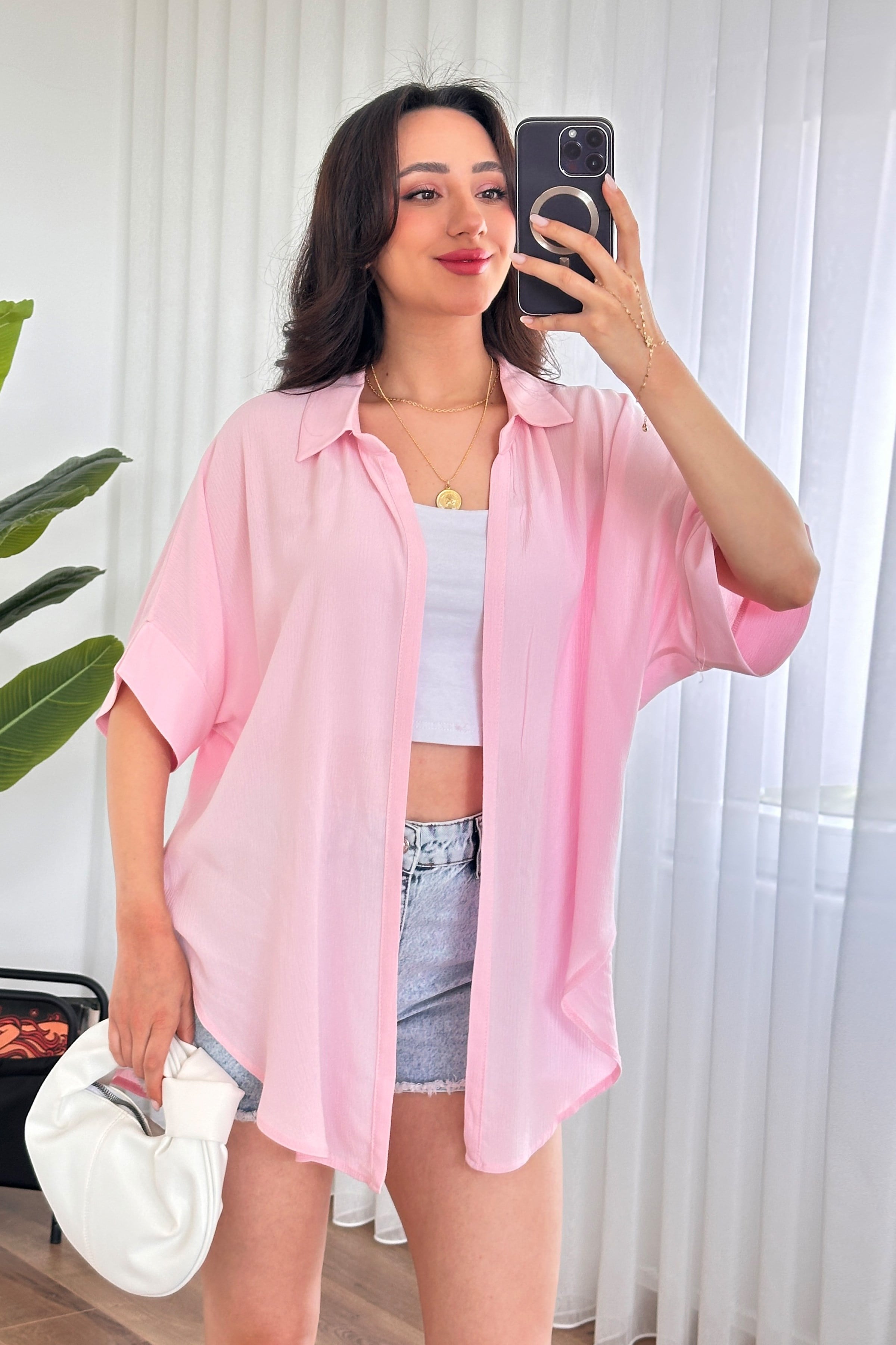 Pembe Bol Kesim Uzun Bluz Çentikli Yaka İle