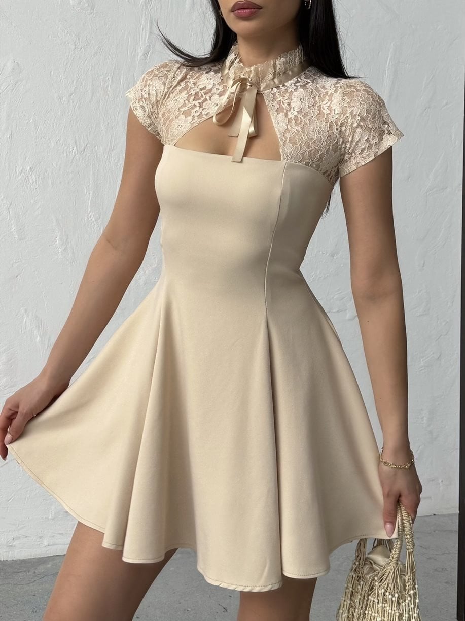 Zarif Bej Fit & Flare Mini Elbise