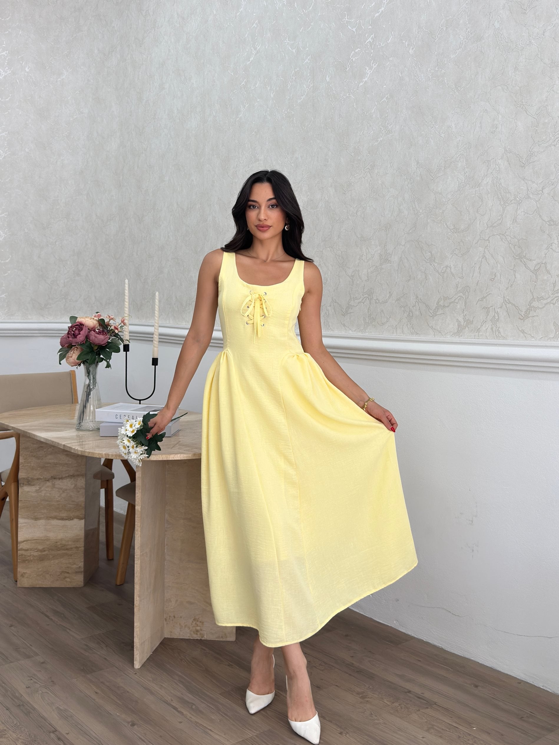 Sarı Fit & Flare Midi Elbise