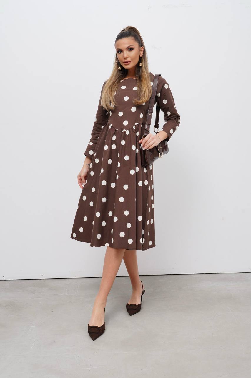 Kahverengi Puantiyeli Fit & Flare Elbise