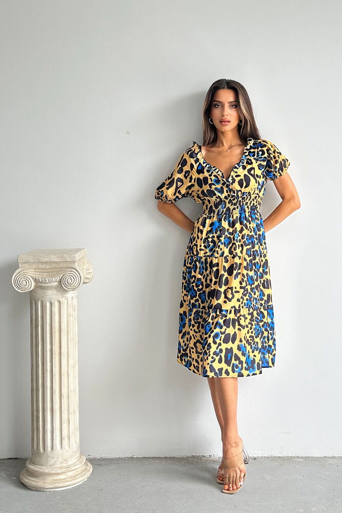 Leopar Saks Desenli Uzun Elbise