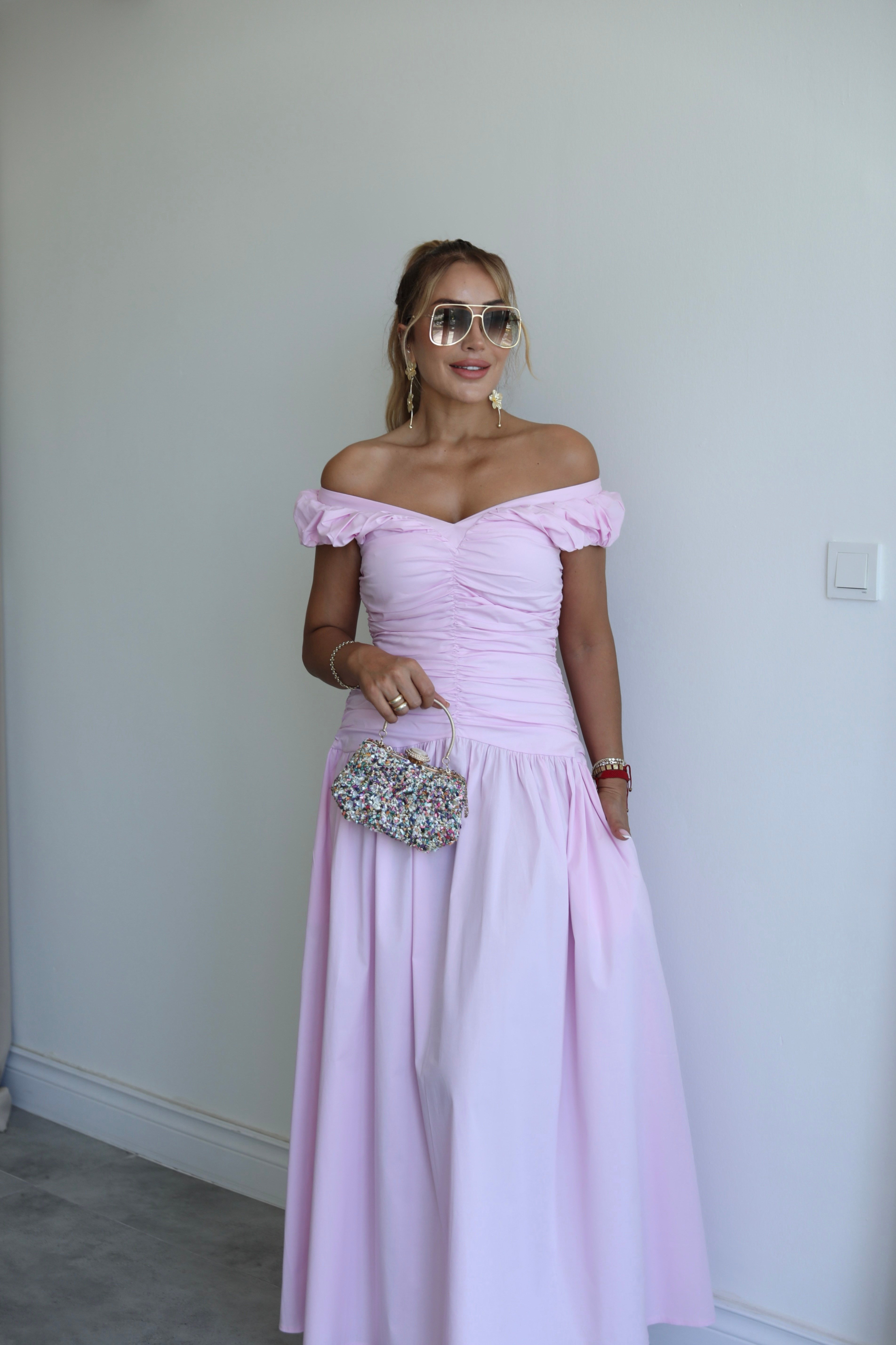 Zarif Pembe Fit And Flare Maksi Elbise