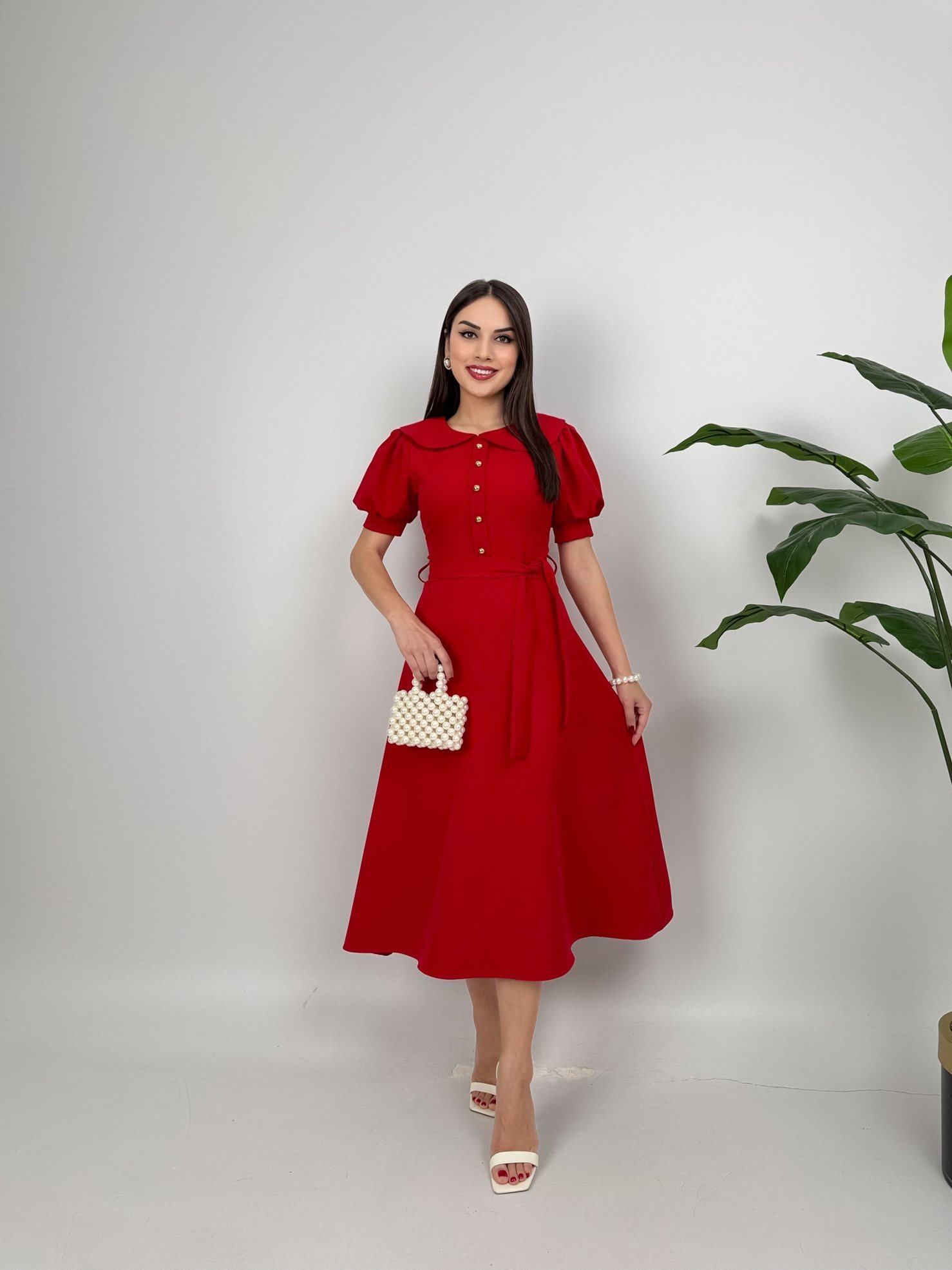 Kırmızı Zarif Fit & Flare Midi Elbise