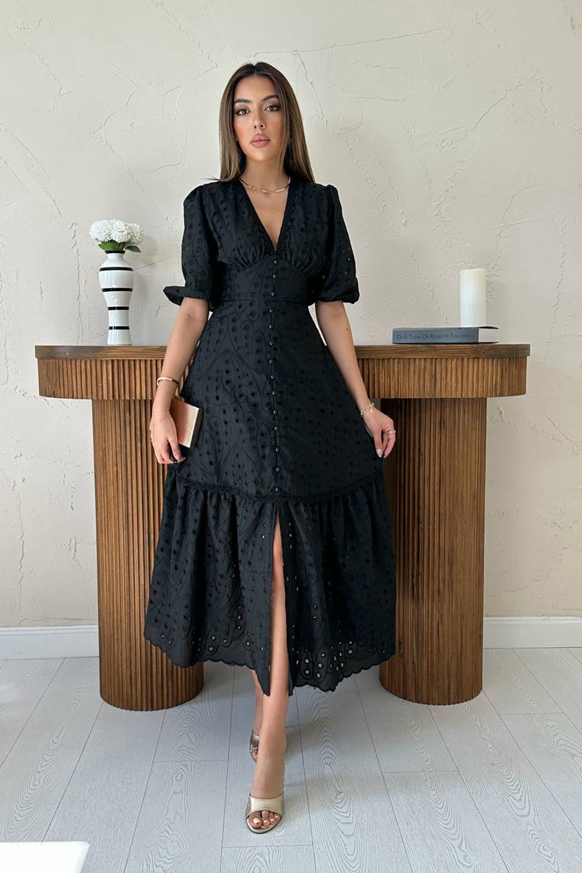 Şık Siyah Fit & Flare Elbise  Karpuz Kollu