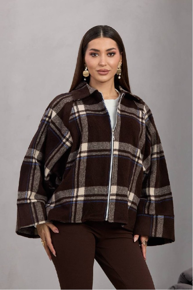 Kahverengi Ekose Oversized Fit Bluz Polo Yaka İle