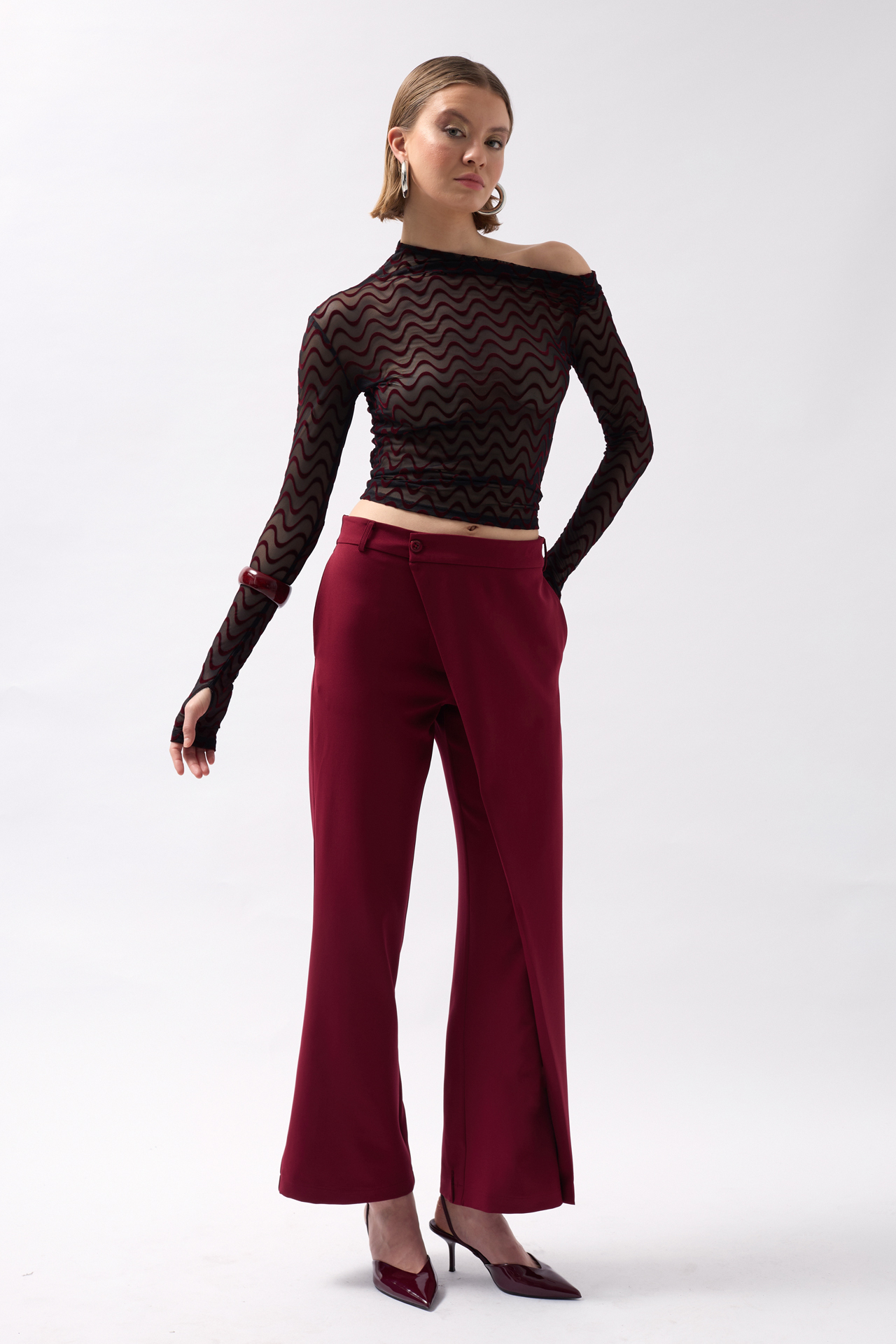 Anvelop Detay Asimetrik Pantolon - Bordo