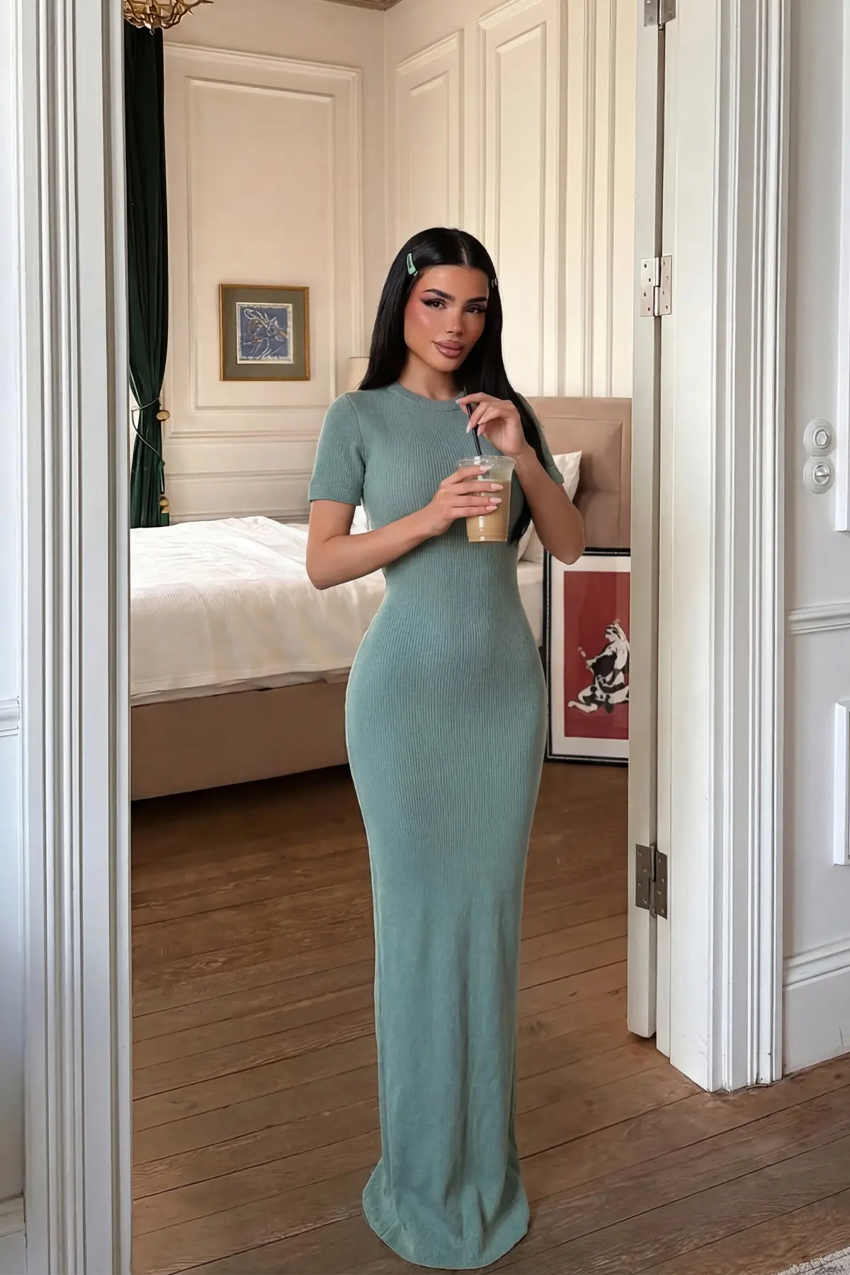 Yuvarlak Yaka Yeşil Zarif Bodycon Elbise