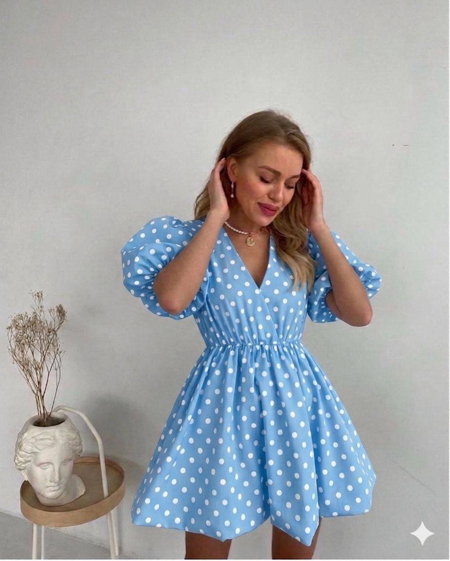 Mavi Puantiyeli Kısa Fit & Flare Elbise Puantiyeli