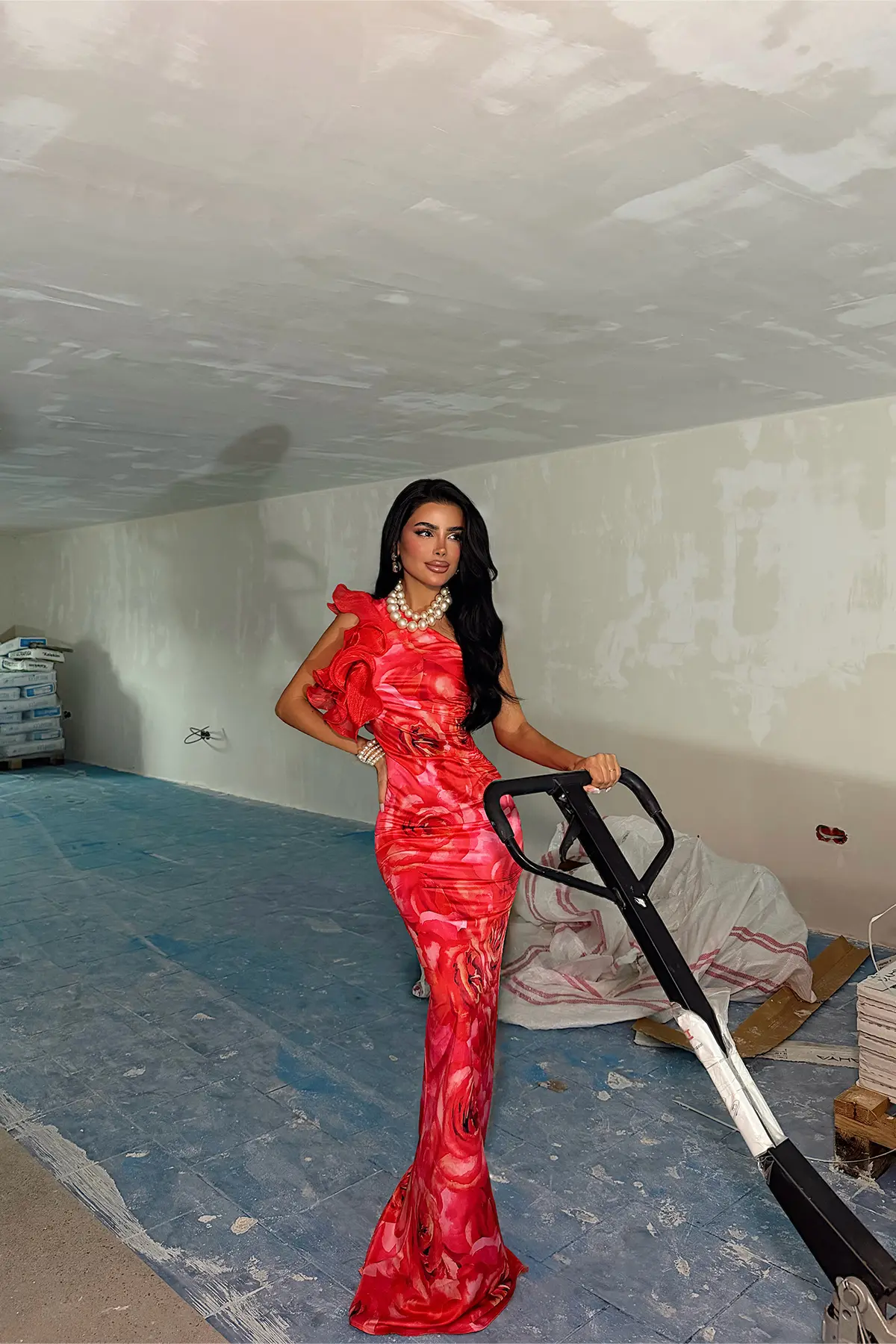 Kırmızı Göz Alıcı Tek Omuzlu Bodycon Elbise Fırfırlı Kol Detaylı
