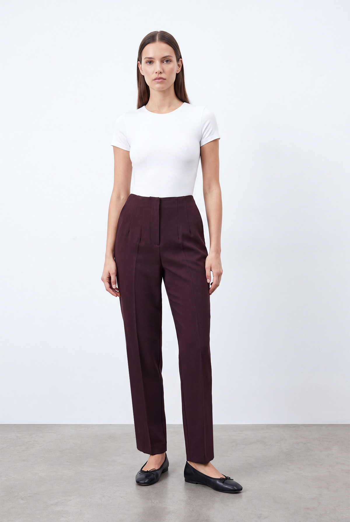 Bordo Pantolon - Yüksek Bel Düz Paça Resmi Chino