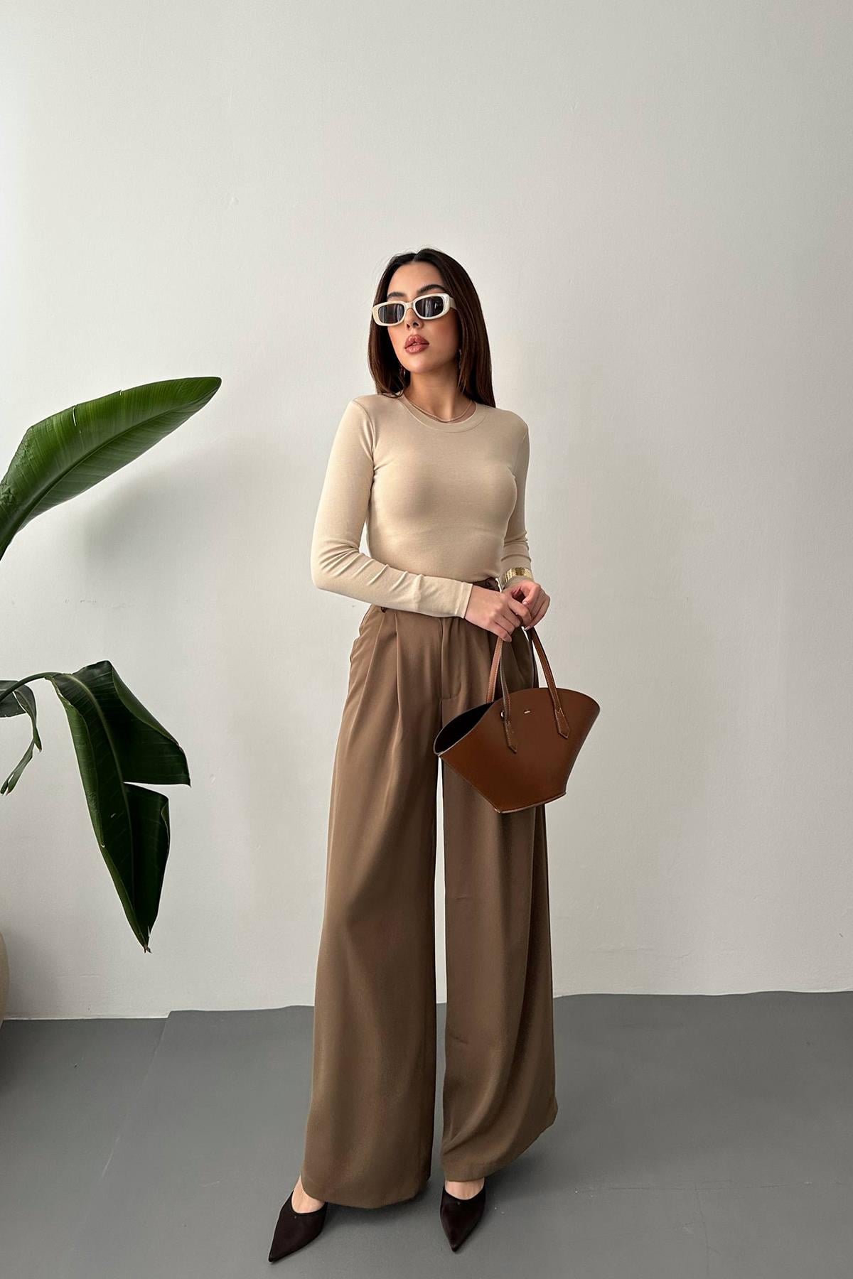 Pileli Comfort Pantolon - Vizon