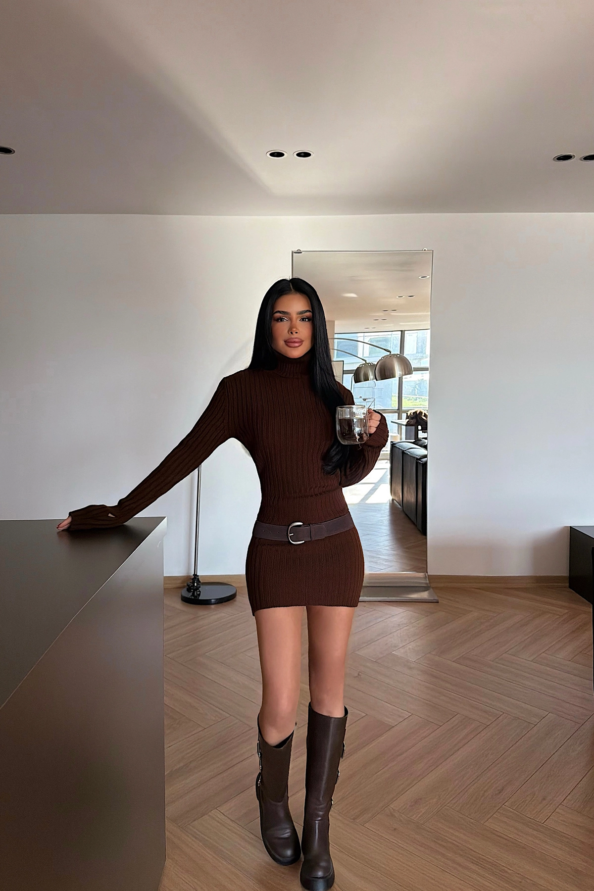 Kahverengi Seksi Bodycon Mini Elbise Balıkçı Yakalı