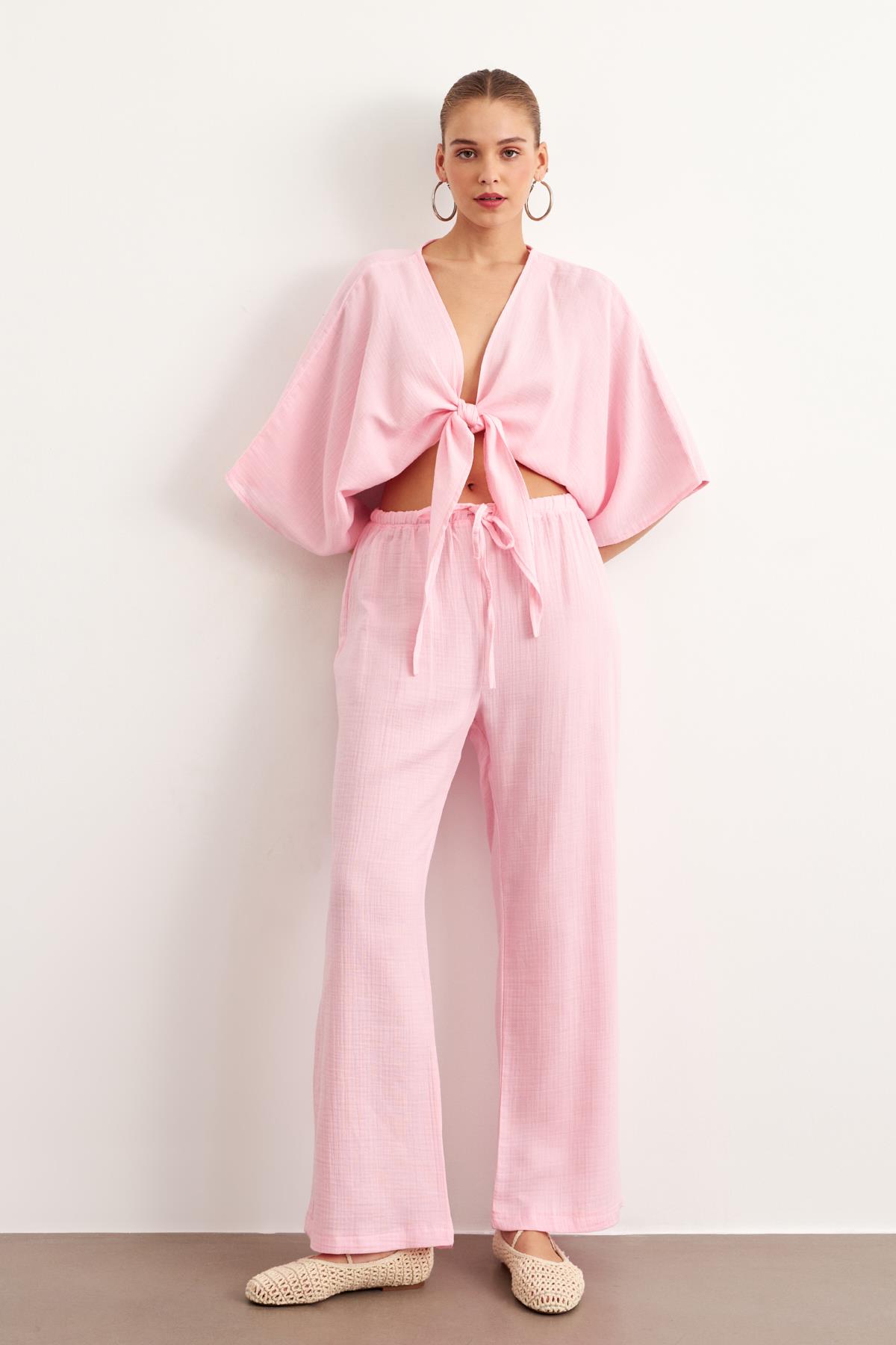 Beli Lastikli Müslin Pantolon Pembe
