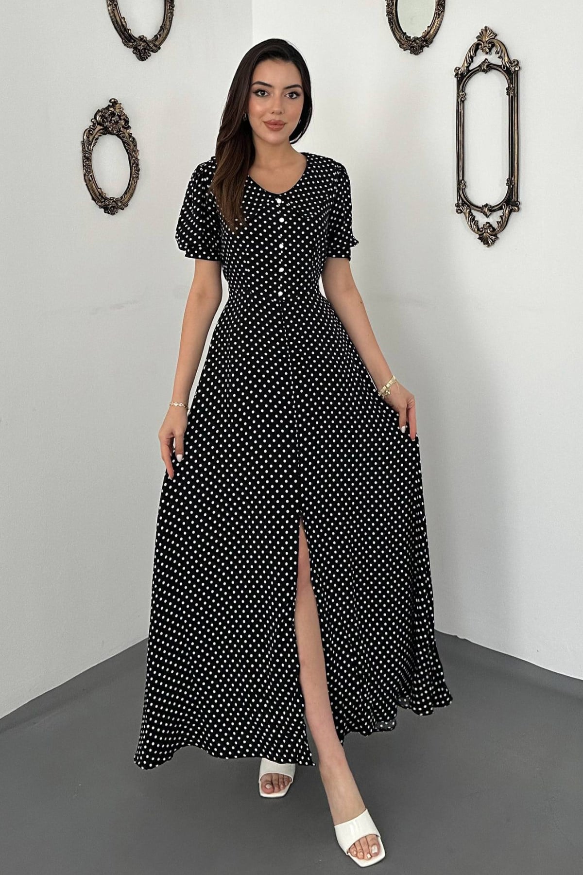 Siyah Retro Fit & Flare Elbise Puantiye Desenli