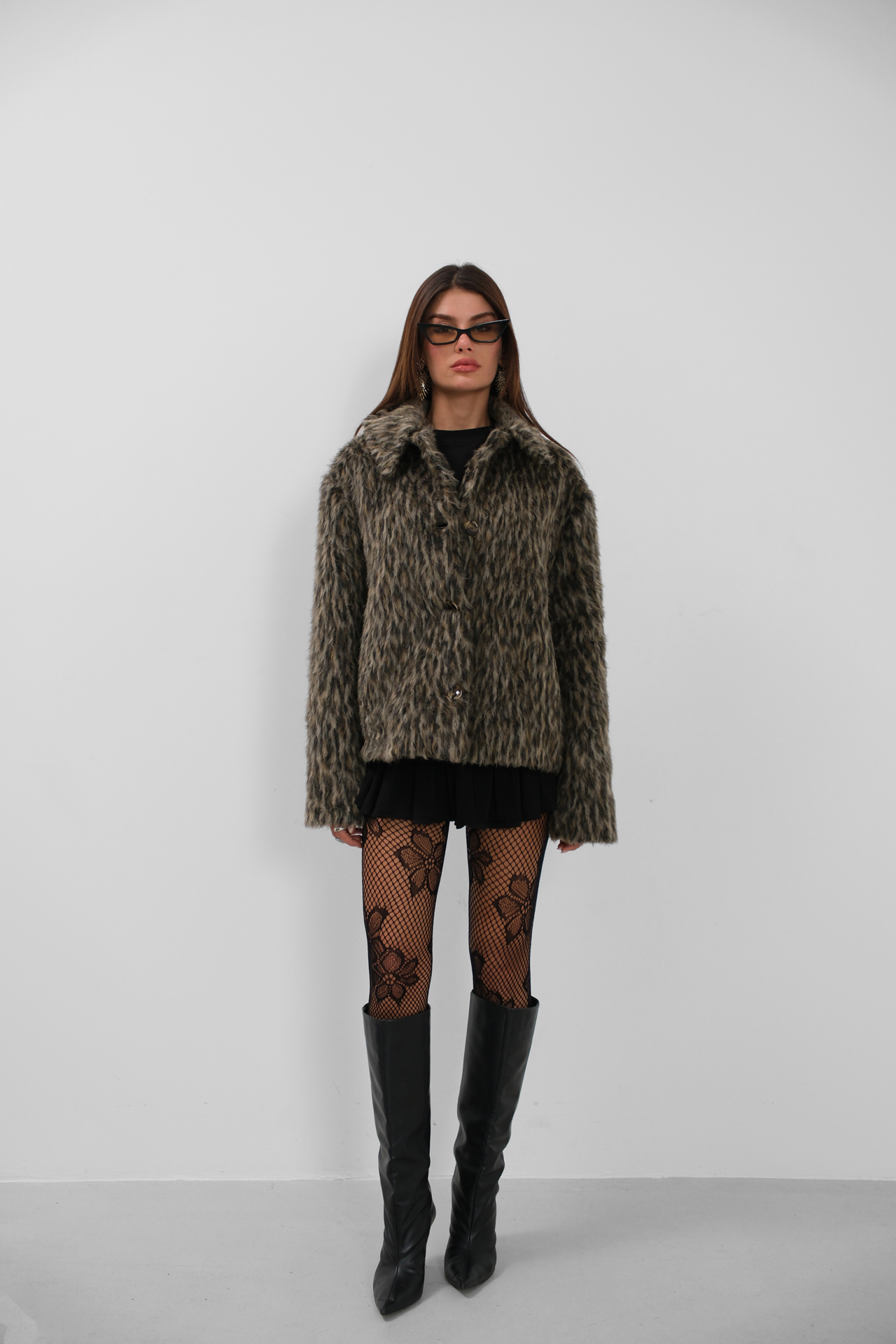 Leopar Kürklü Mont - Kahverengi & Siyah